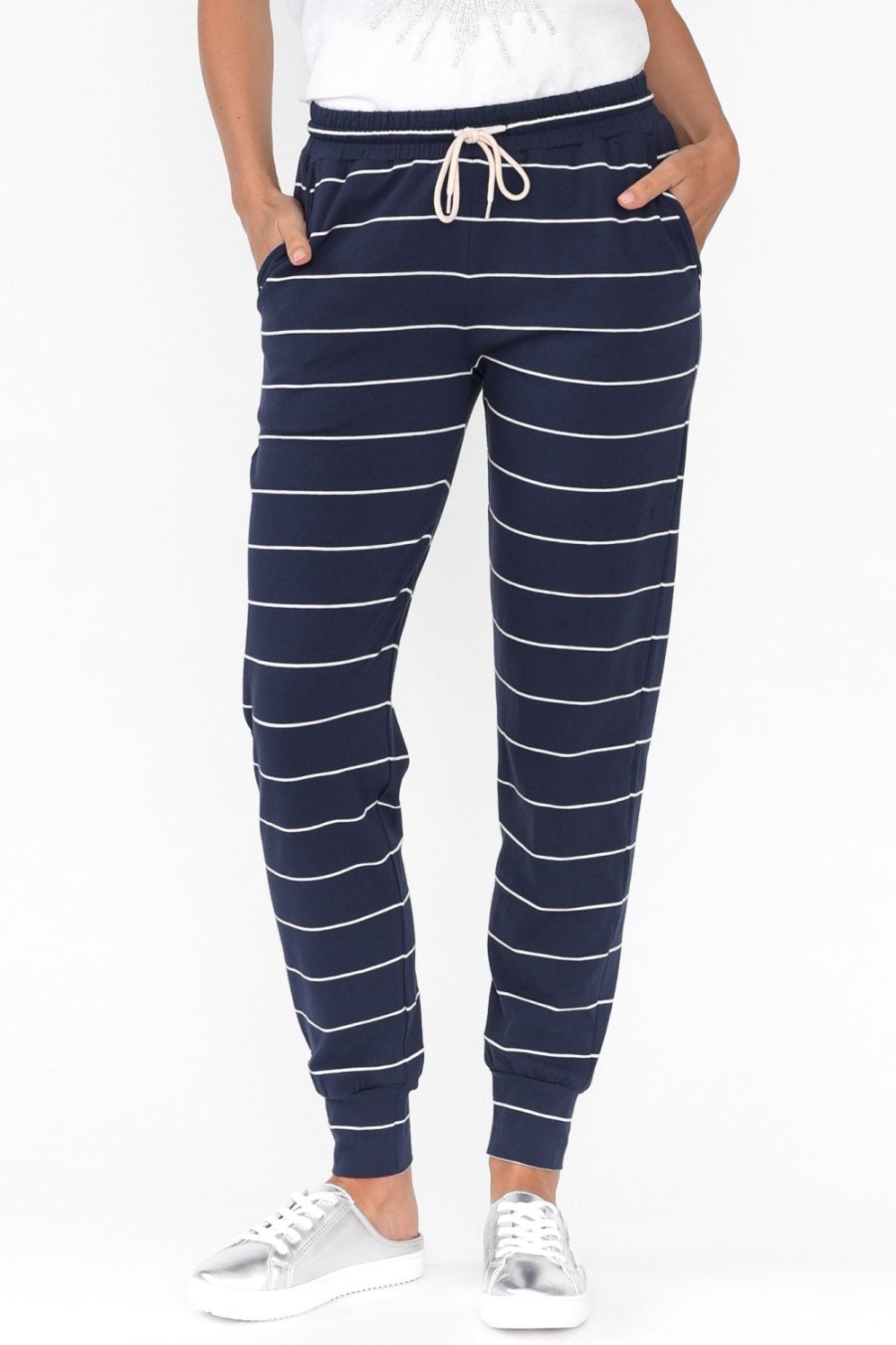 Clothing One Ten Willow Pants | Navy Pinstripe Cotton Everyday Tie Pant