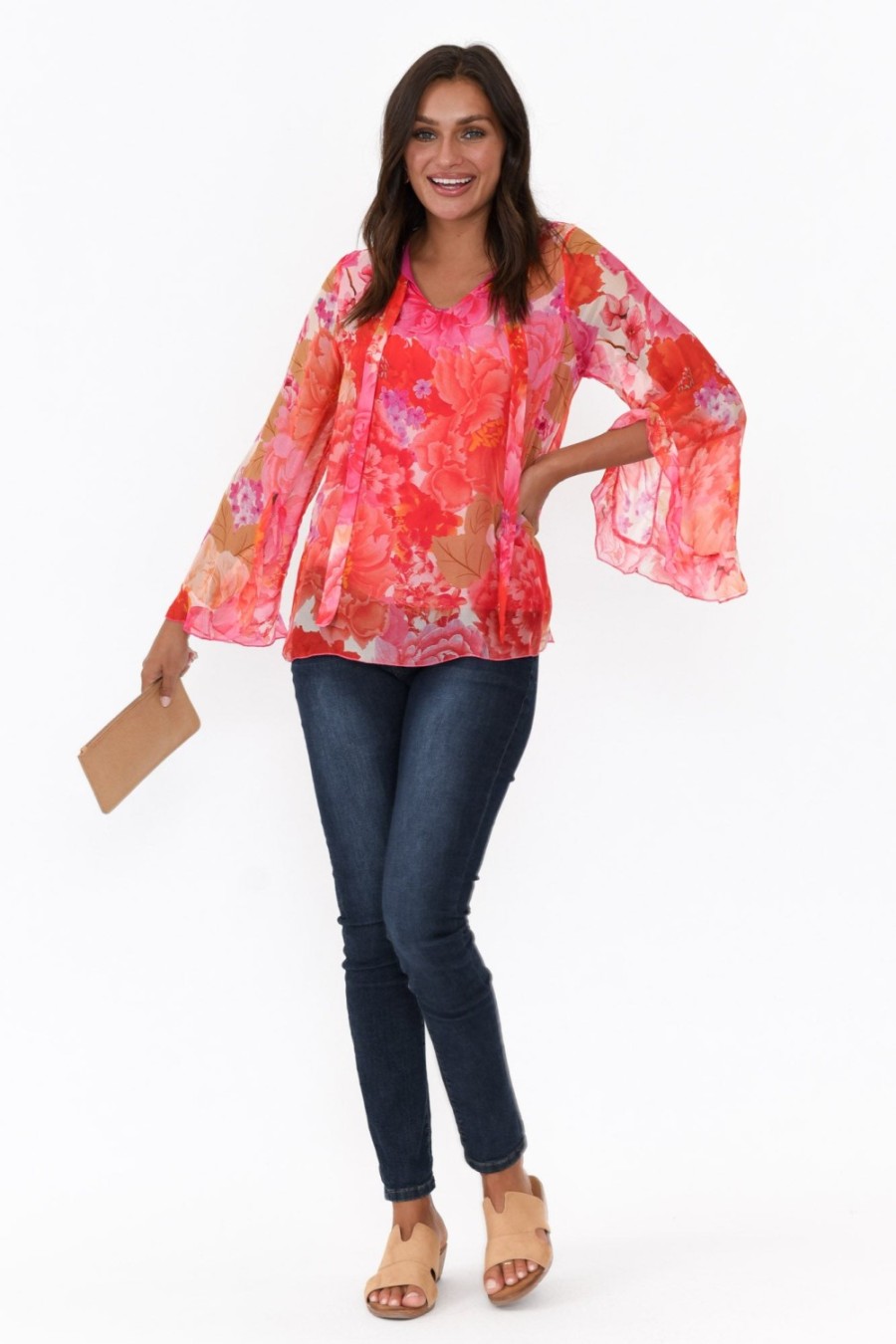 Clothing La Strada Sleeved Tops | Leonardo Red Blossom Silk Front Tie Top