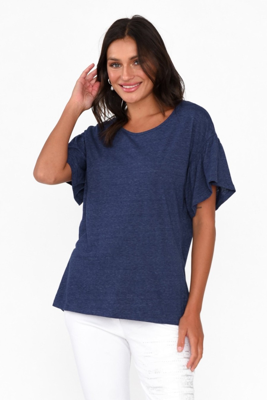 Clothing Betty Basics Cotton Tops | Alessia Navy Cotton Blend Frill Top