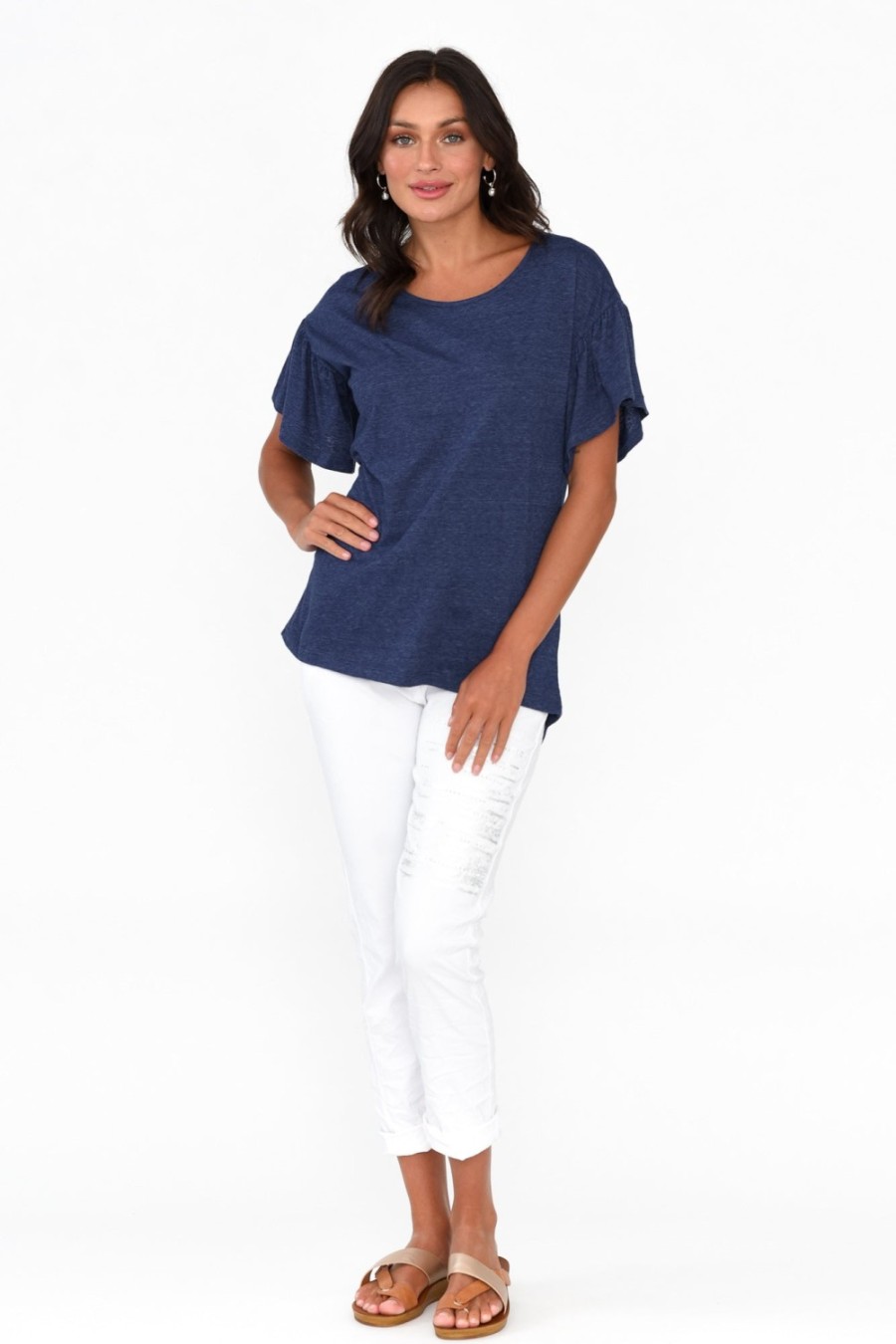 Clothing Betty Basics Cotton Tops | Alessia Navy Cotton Blend Frill Top