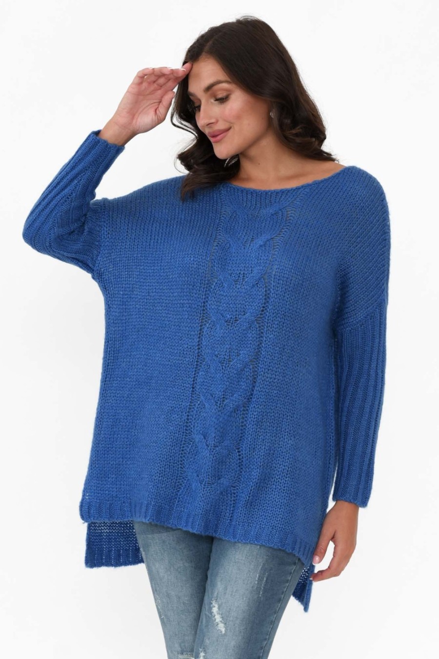 Clothing Cafe Latte Knitwear | Rinna Cobalt Cable Knit Detail Jumper