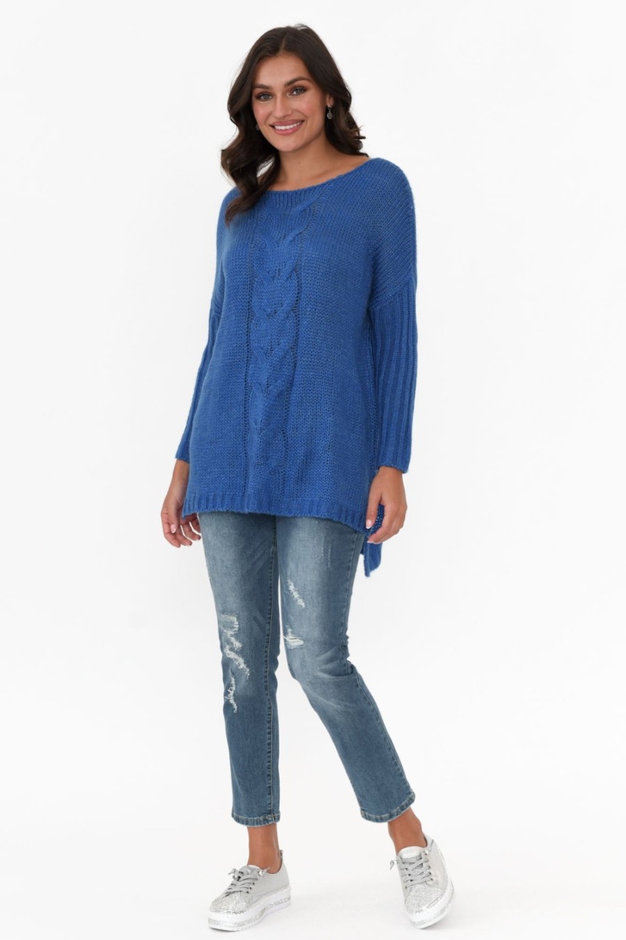 Clothing Cafe Latte Knitwear | Rinna Cobalt Cable Knit Detail Jumper