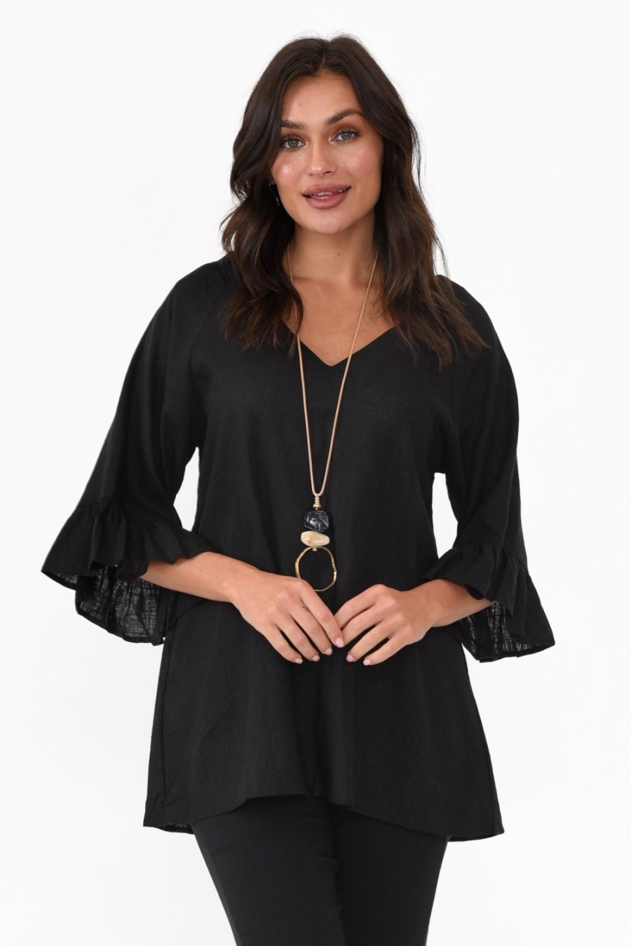 Clothing Hourglass Linen Tops | Nala Black Linen Cotton Frill Top