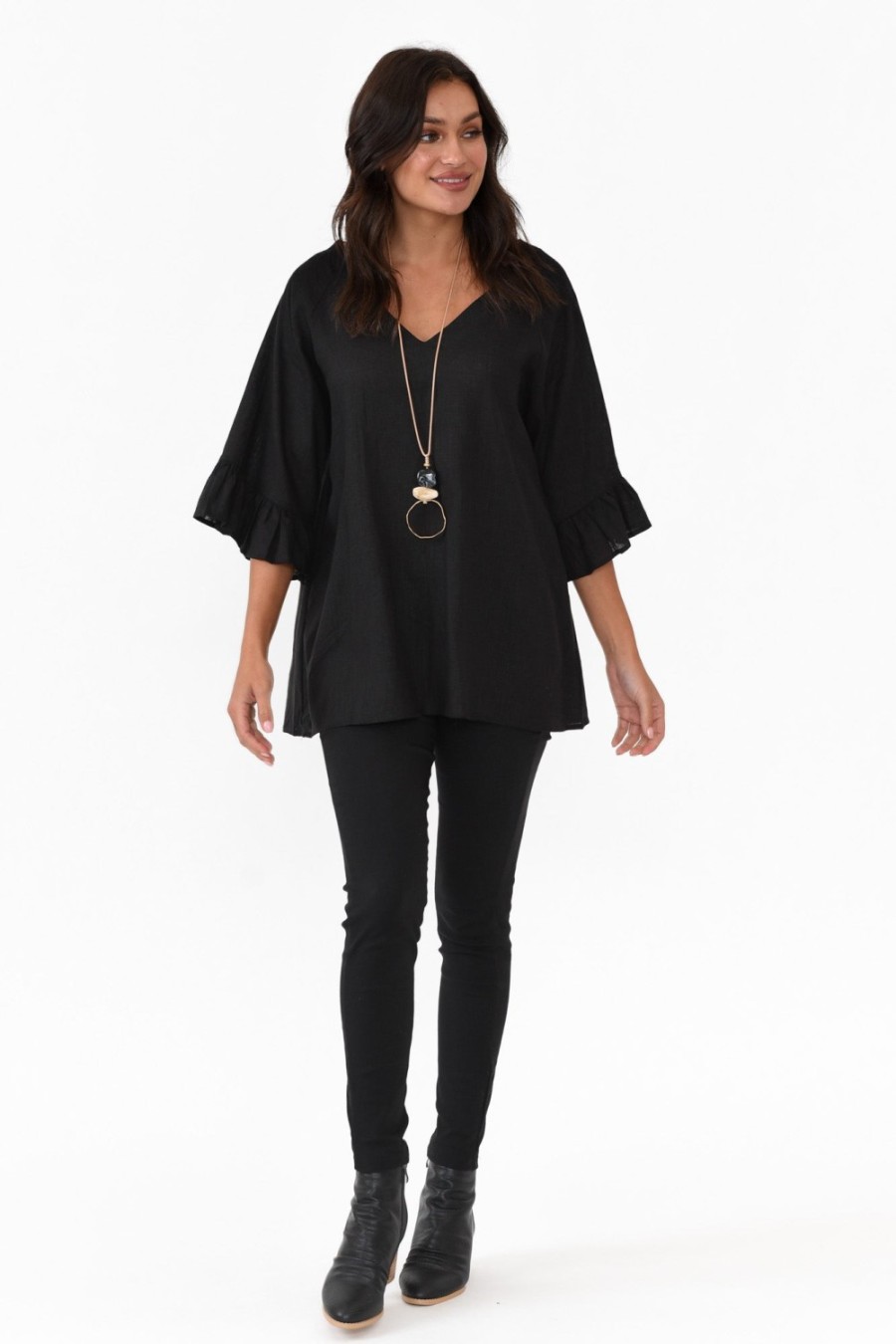 Clothing Hourglass Linen Tops | Nala Black Linen Cotton Frill Top