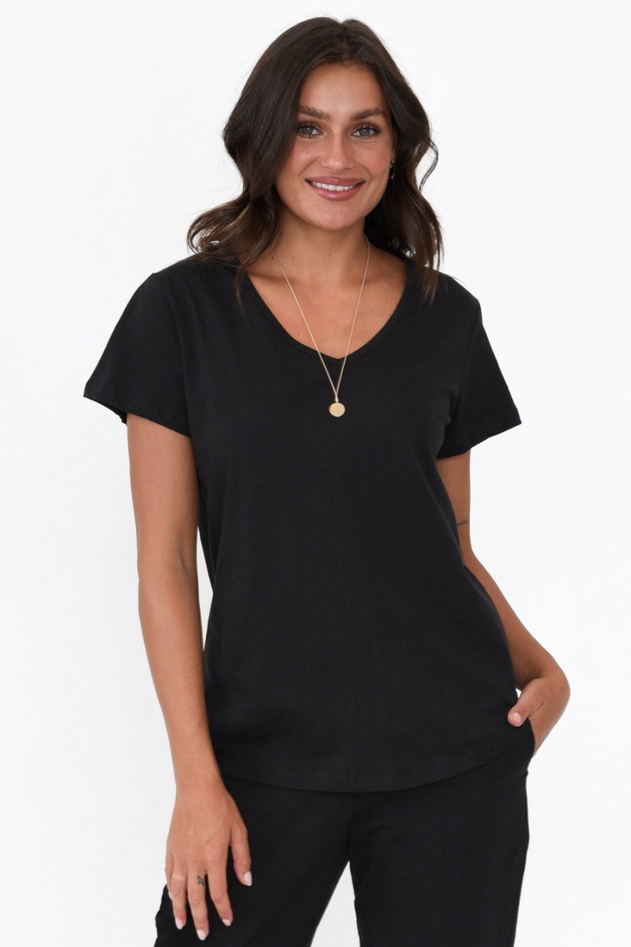 Clothing Betty Basics Cotton Tops | Ava Black Cotton V Neck Tee