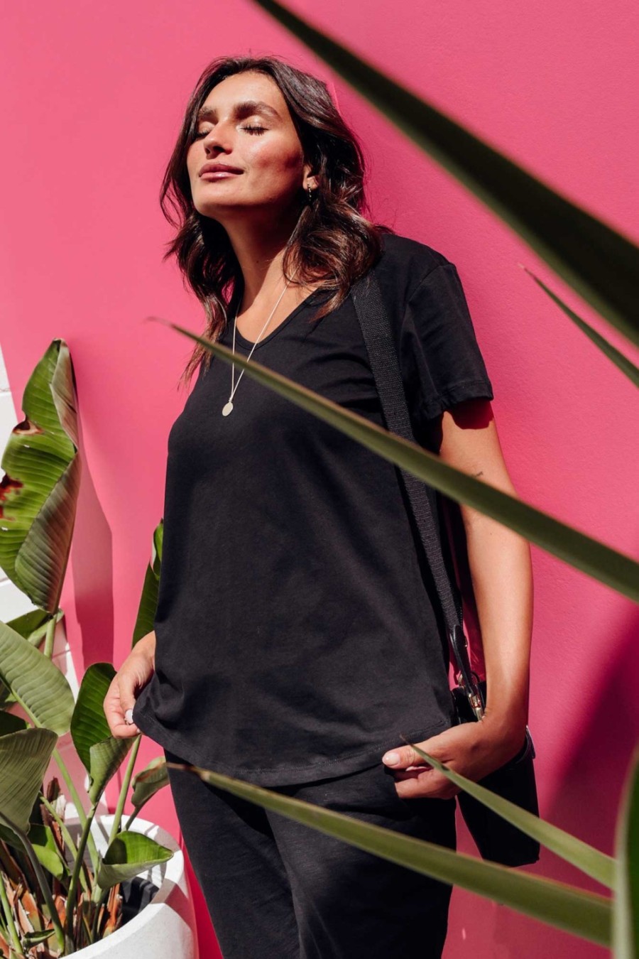 Clothing Betty Basics Cotton Tops | Ava Black Cotton V Neck Tee