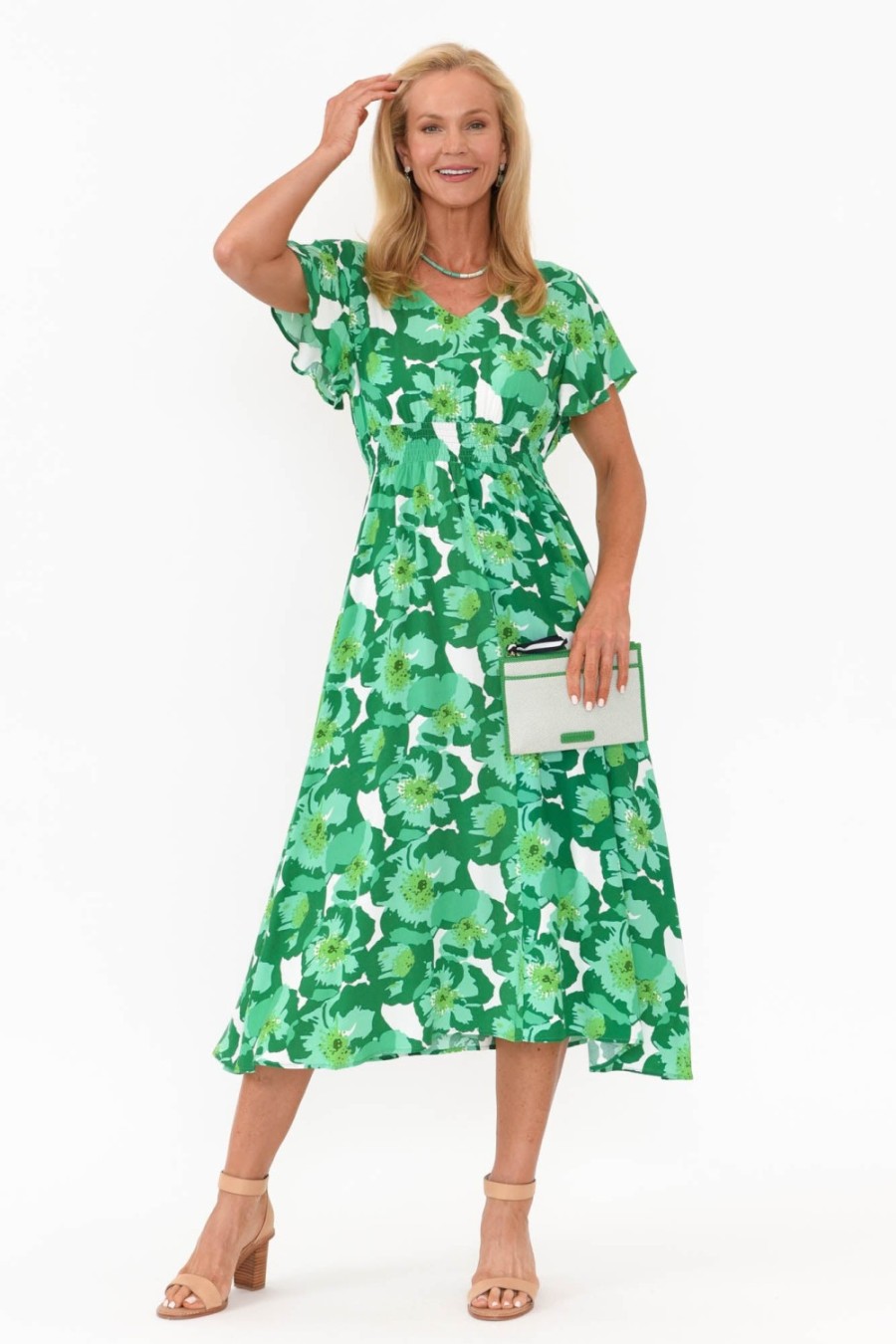 Clothing Slate the Label Midi Dresses | Georgette Green Floral Swing Dress