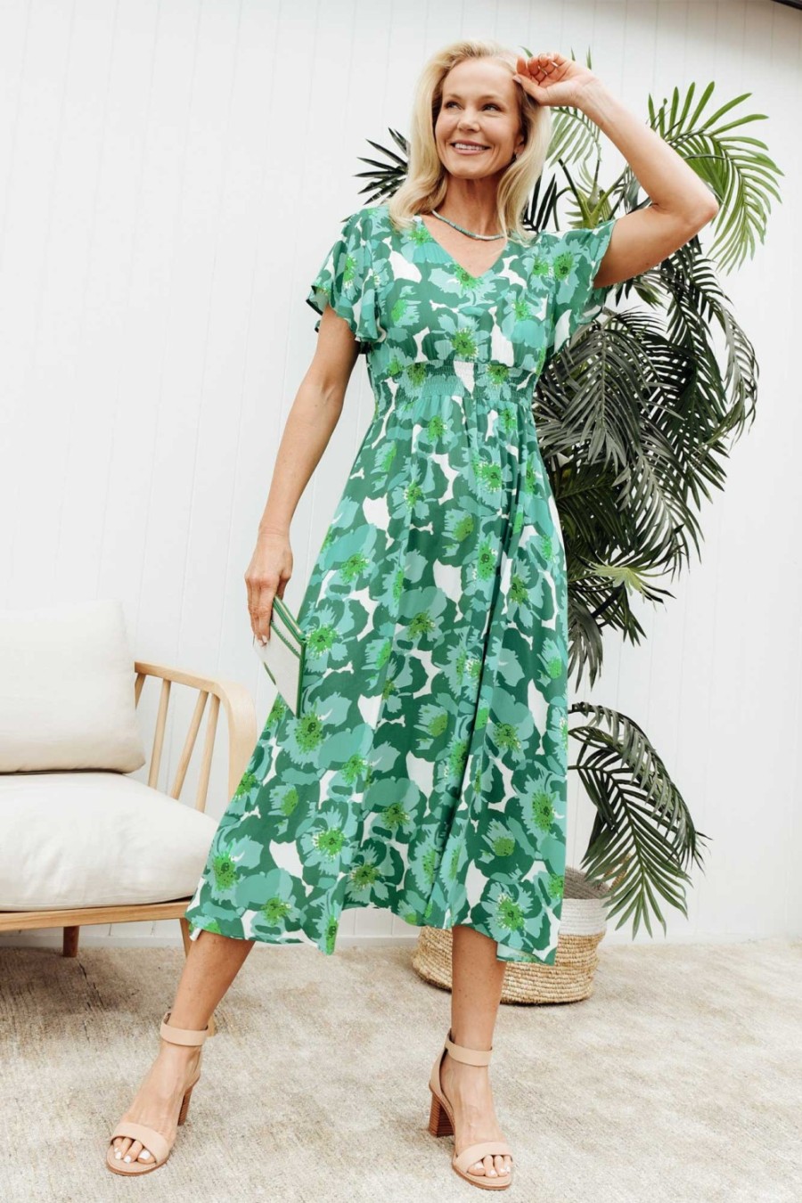 Clothing Slate the Label Midi Dresses | Georgette Green Floral Swing Dress