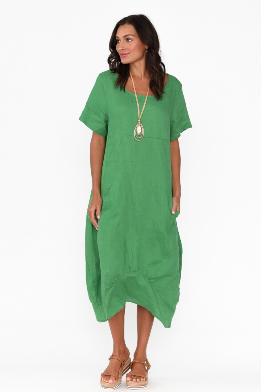 Clothing Cali and Co Linen Dresses | Kandace Emerald Linen Pocket Dress