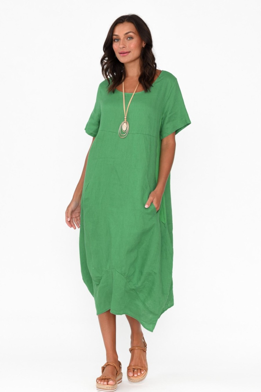 Clothing Cali and Co Linen Dresses | Kandace Emerald Linen Pocket Dress