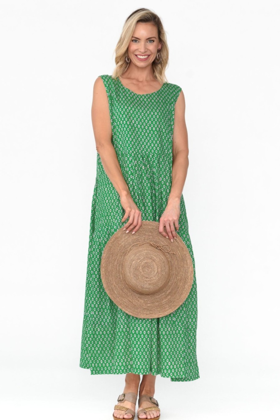 Clothing Mozaic Midi Dresses | Serena Green Circle Cotton Dress