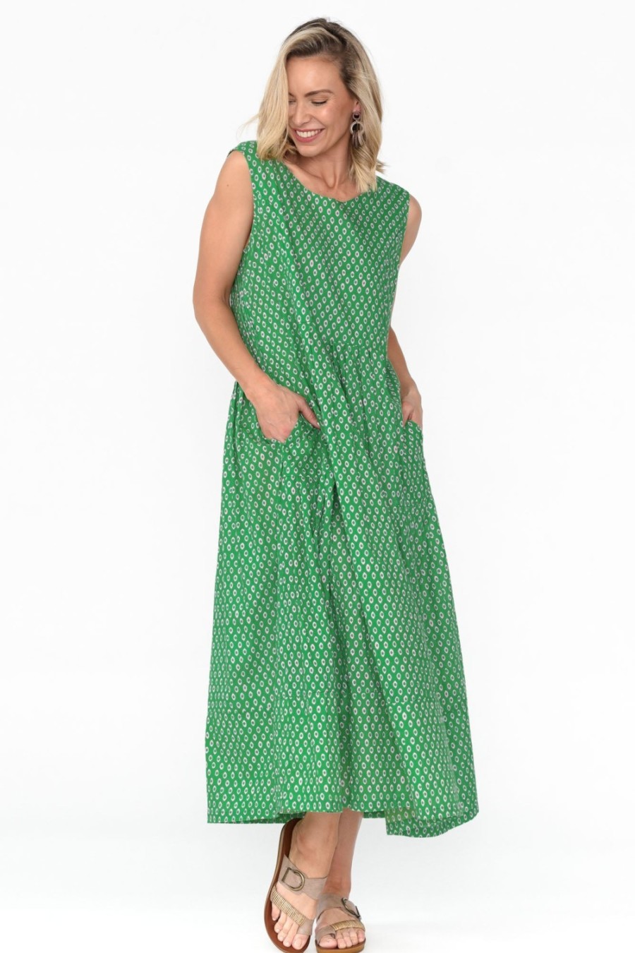 Clothing Mozaic Midi Dresses | Serena Green Circle Cotton Dress