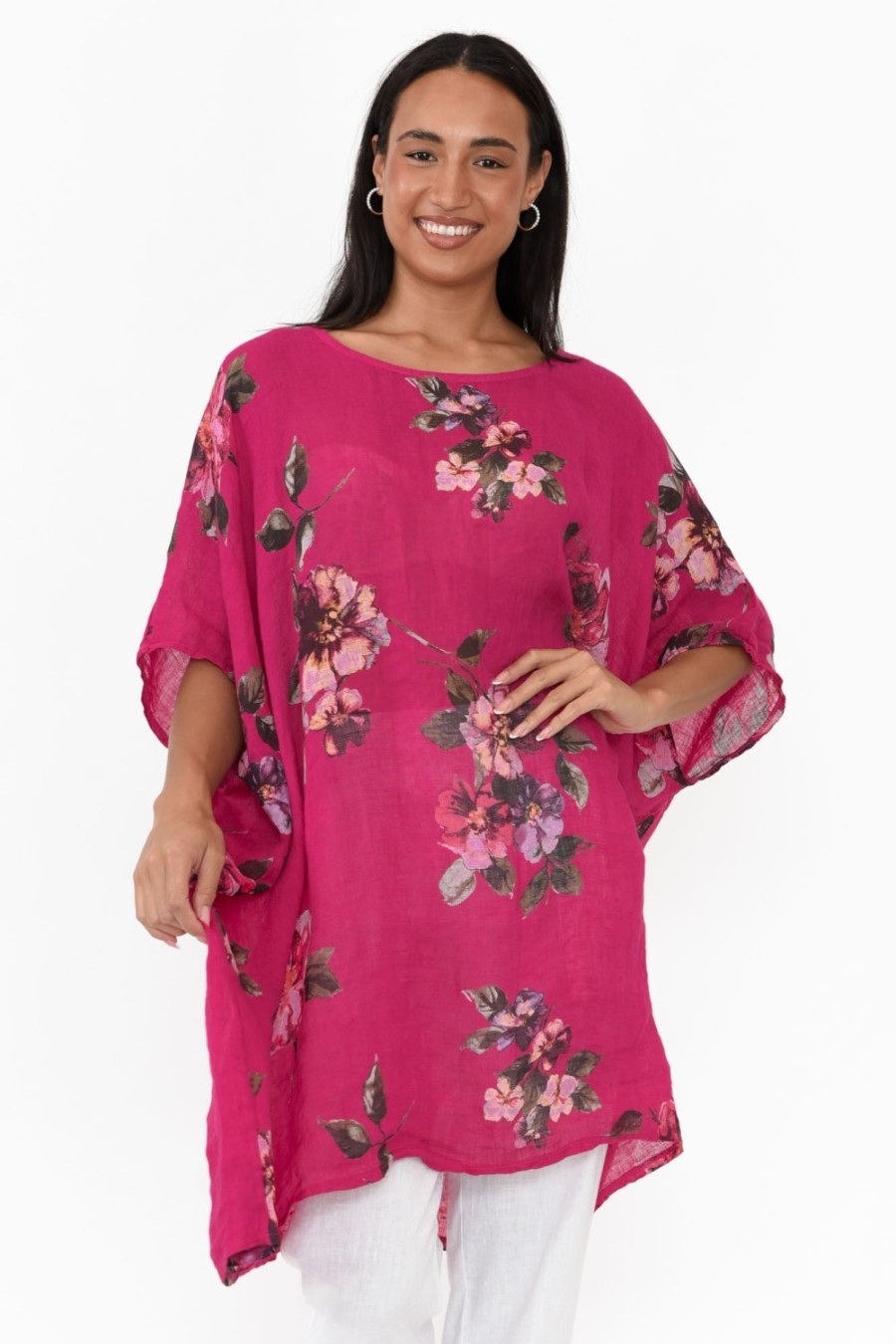 Clothing Donna Donna Linen Tops | Noemi Hot Pink Floral Linen Kaftan Tunic