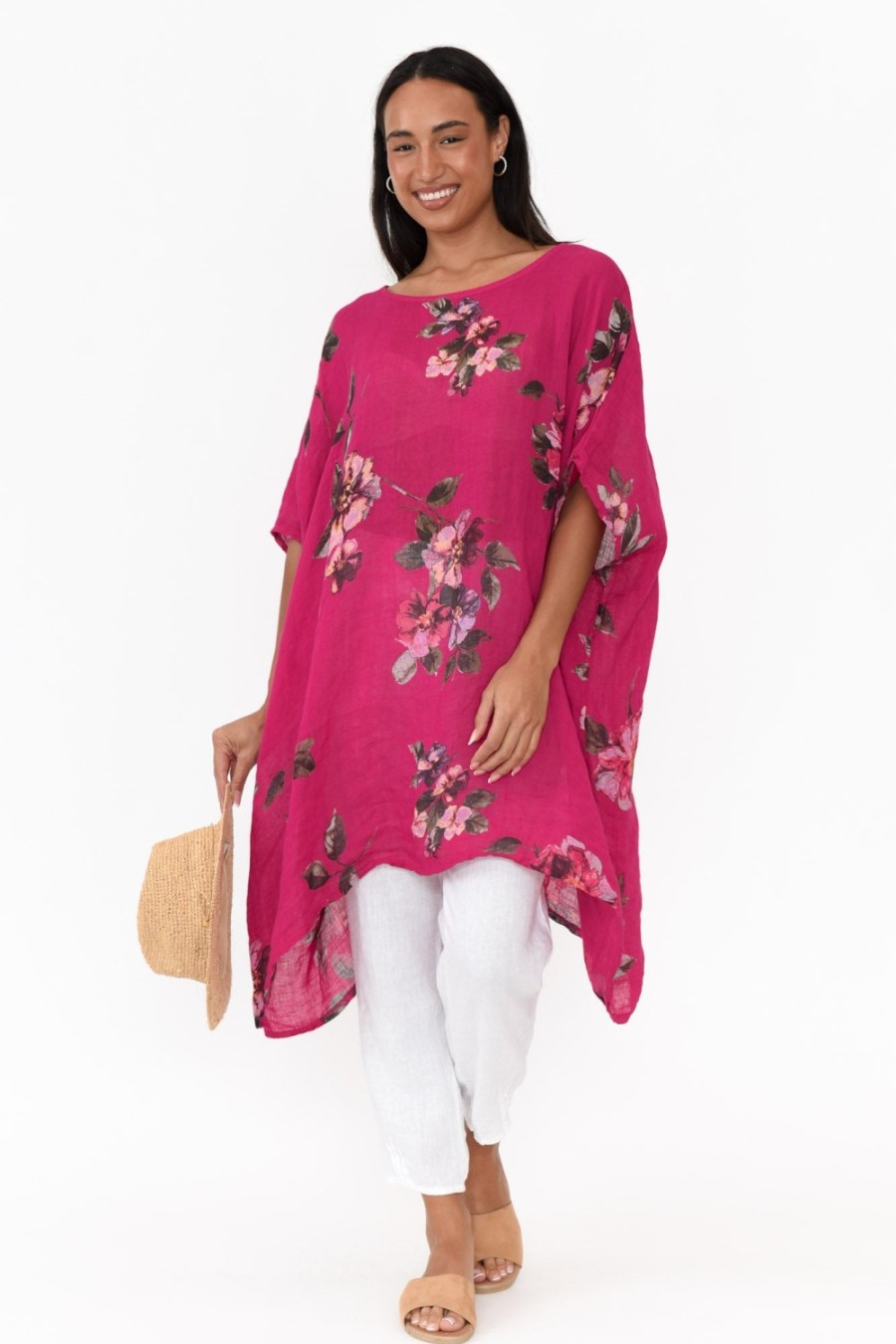 Clothing Donna Donna Linen Tops | Noemi Hot Pink Floral Linen Kaftan Tunic