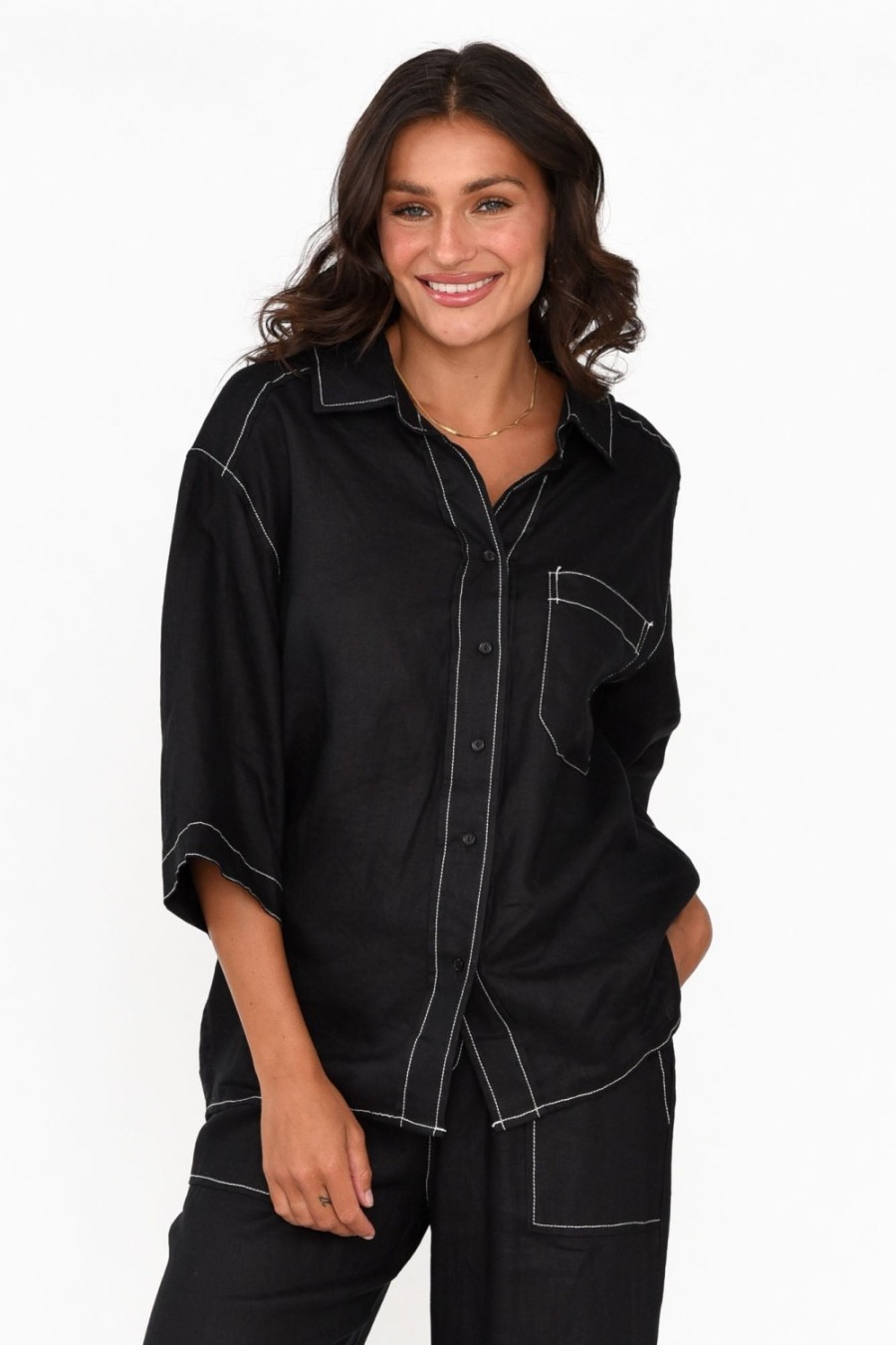 Clothing Label Of Love Linen Tops | Armida Black Linen Shirt