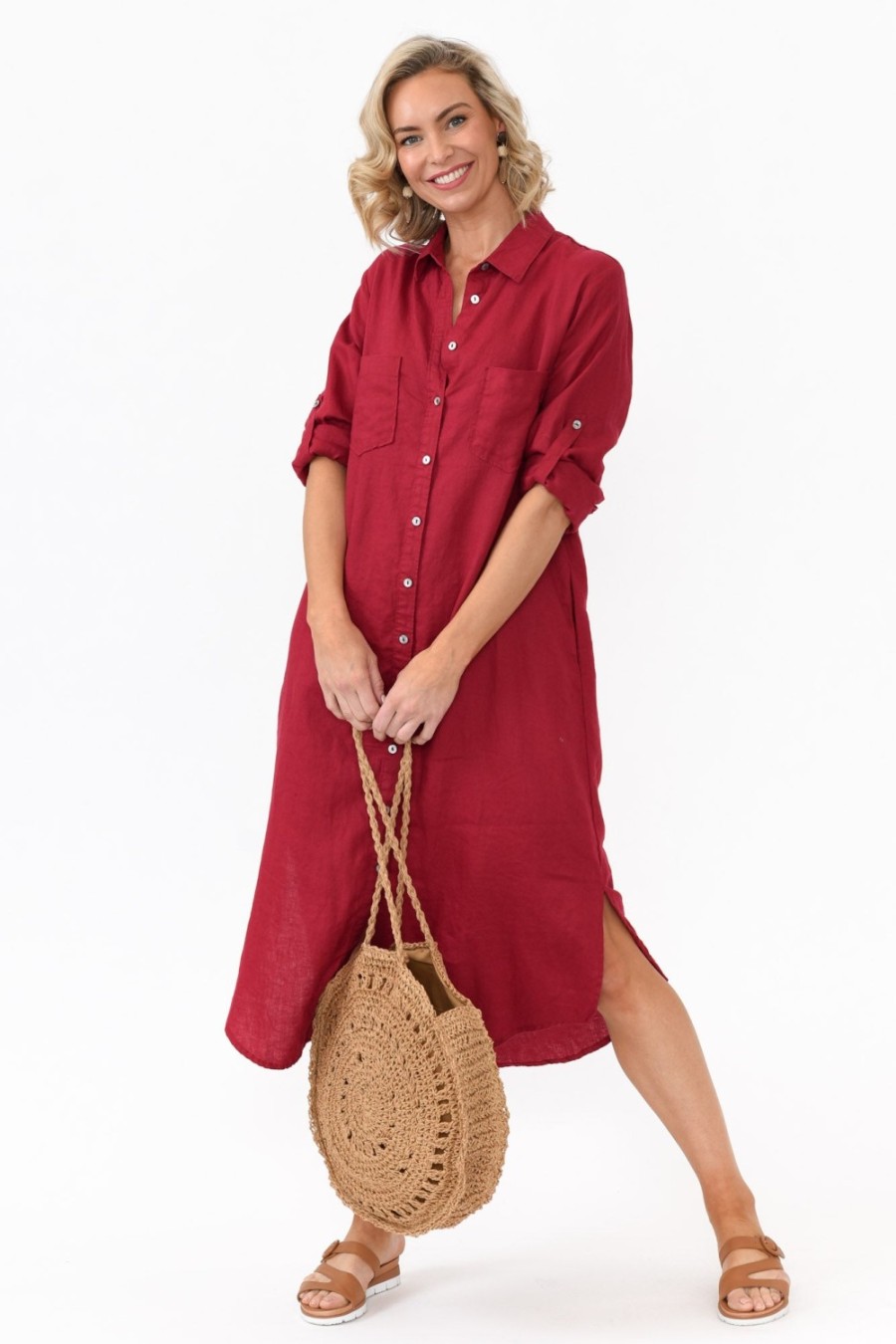 Clothing Worthier Linen Dresses | Halston Red Linen Relaxed Shirt Dress