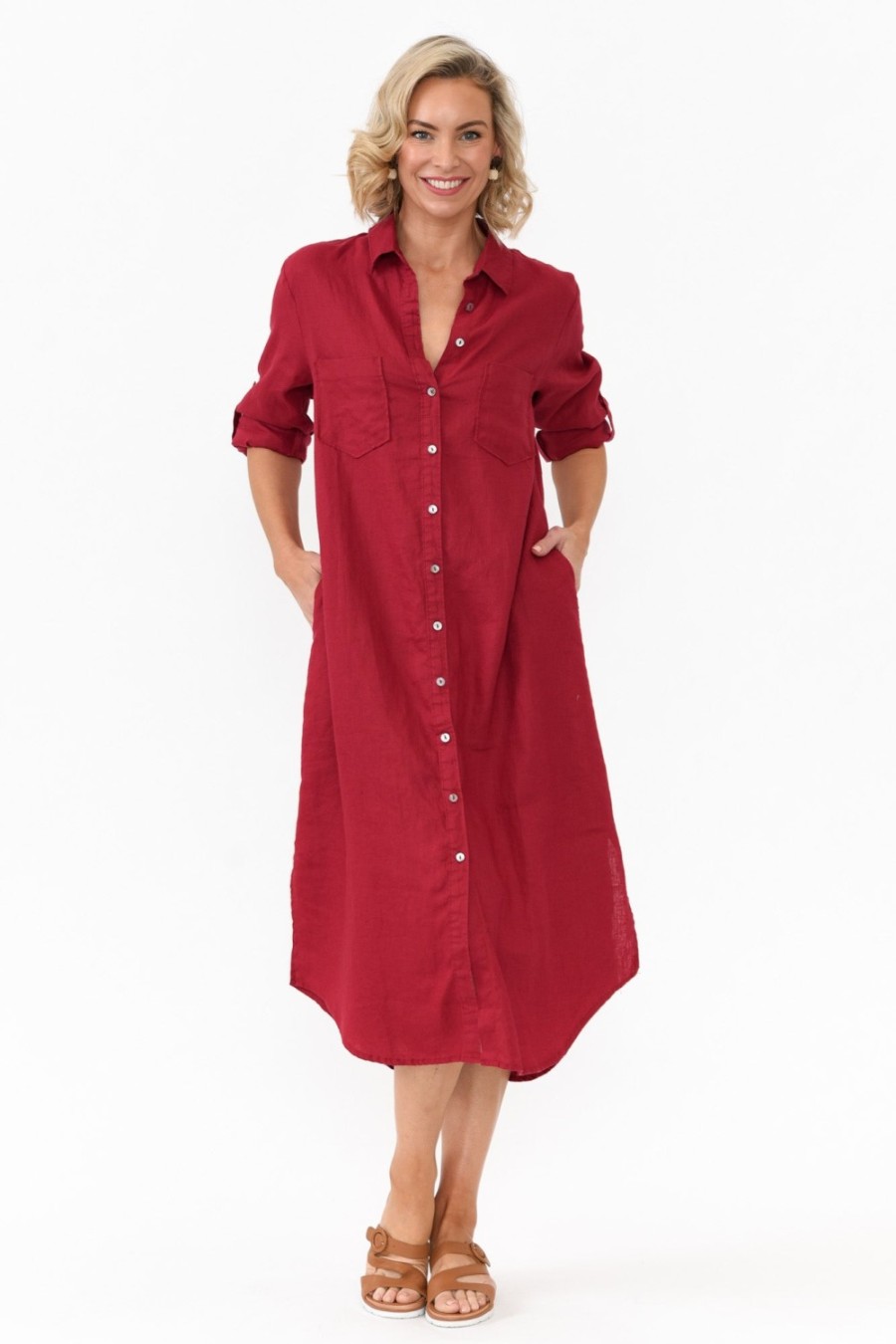 Clothing Worthier Linen Dresses | Halston Red Linen Relaxed Shirt Dress