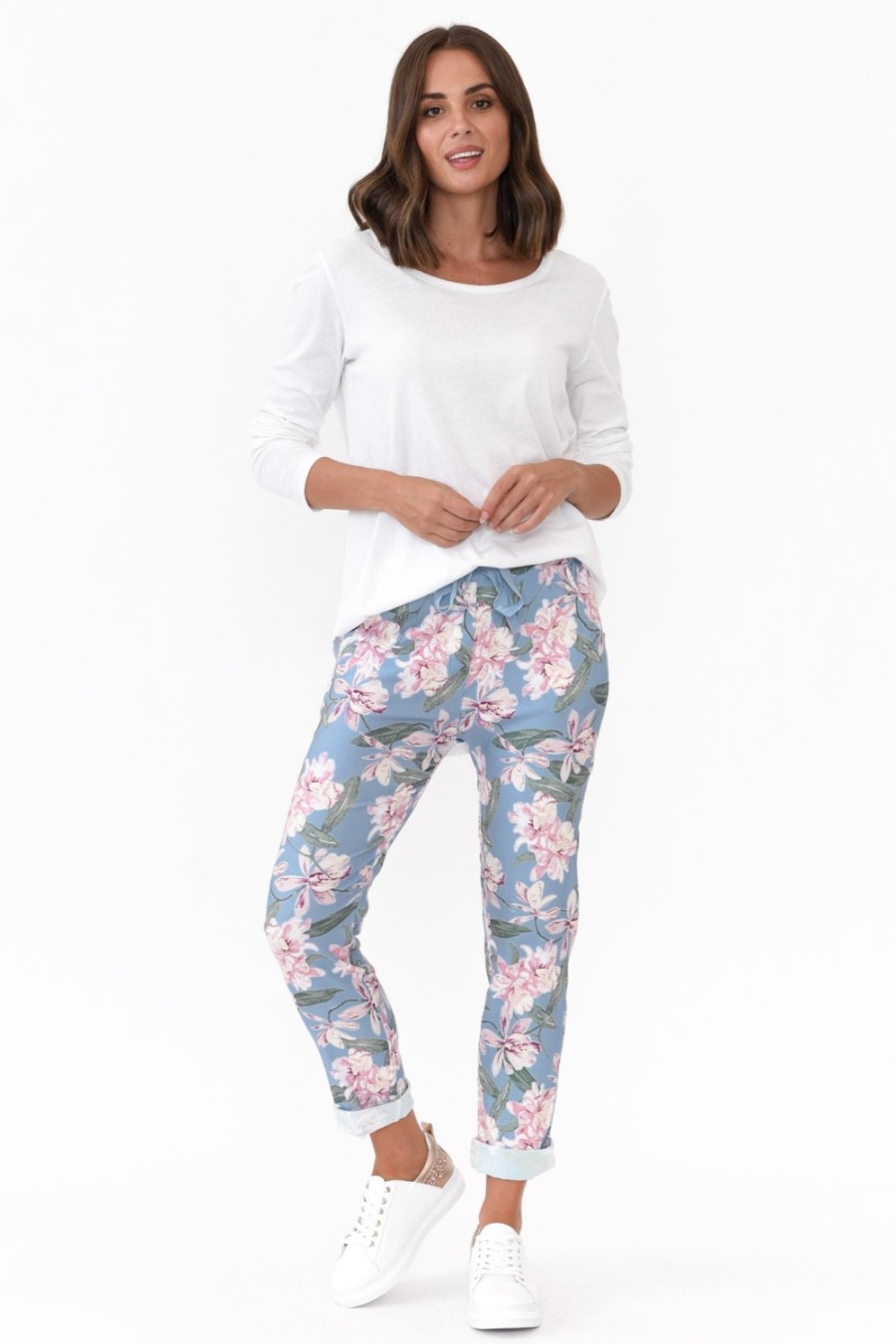 Clothing Cali and Co Pants | Shonee Blue Blossom Cotton Stretch Pant