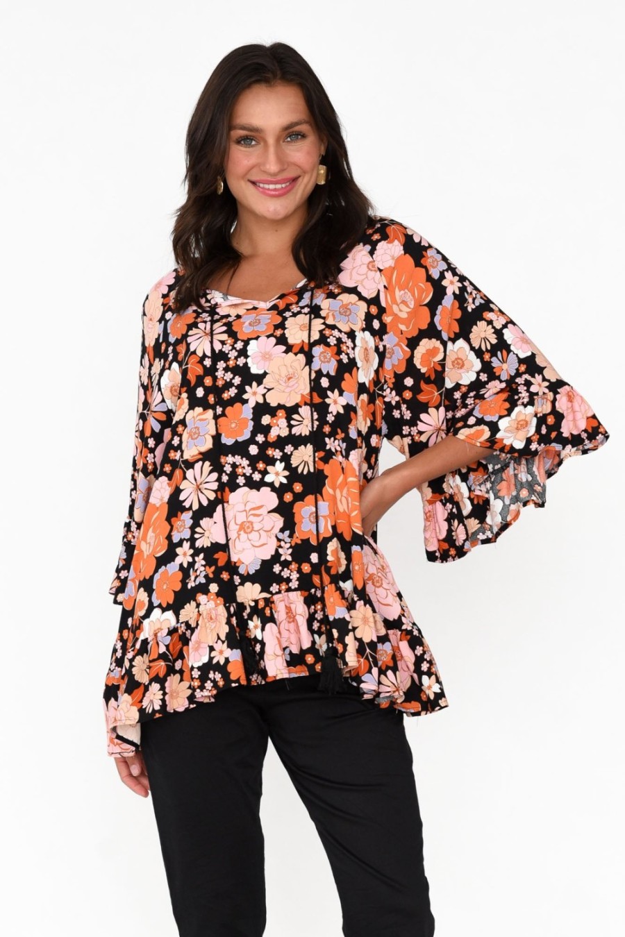 Clothing New U Collection Sleeved Tops | Chase Black Bloom Tassel Ruffle Top