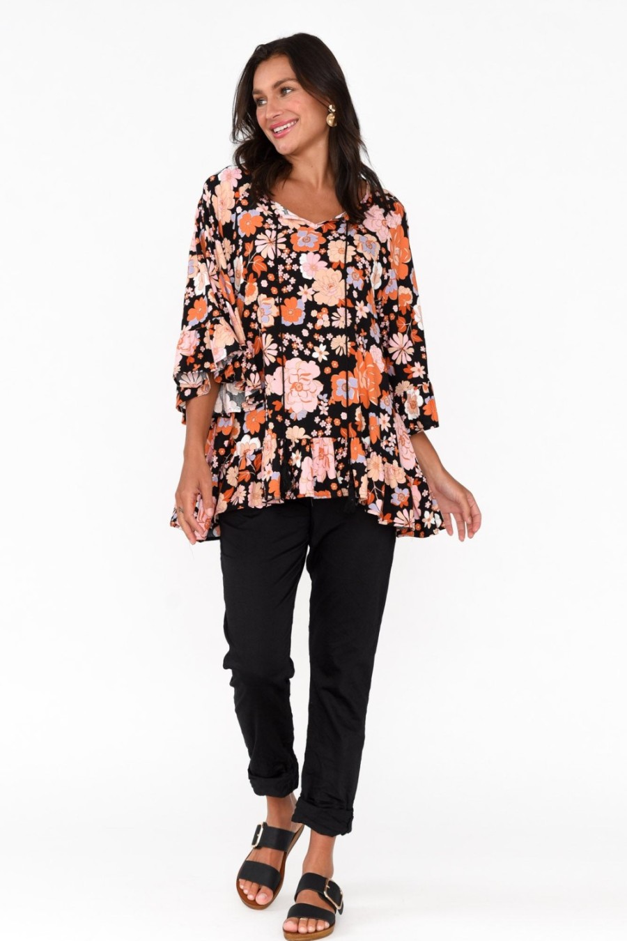 Clothing New U Collection Sleeved Tops | Chase Black Bloom Tassel Ruffle Top