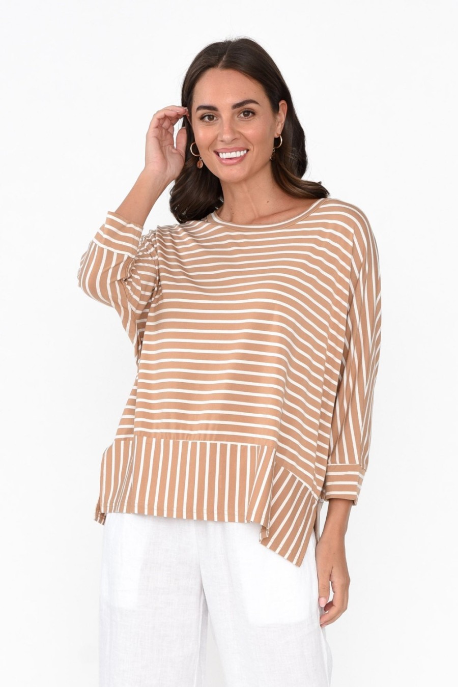 Clothing Bamboo Whispers Sleeved Tops | Novalie Beige Stripe Bamboo Top