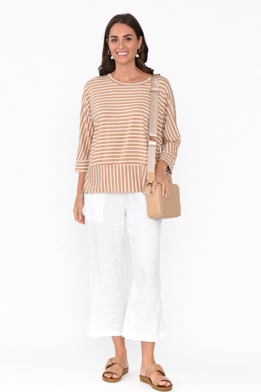 Clothing Bamboo Whispers Sleeved Tops | Novalie Beige Stripe Bamboo Top