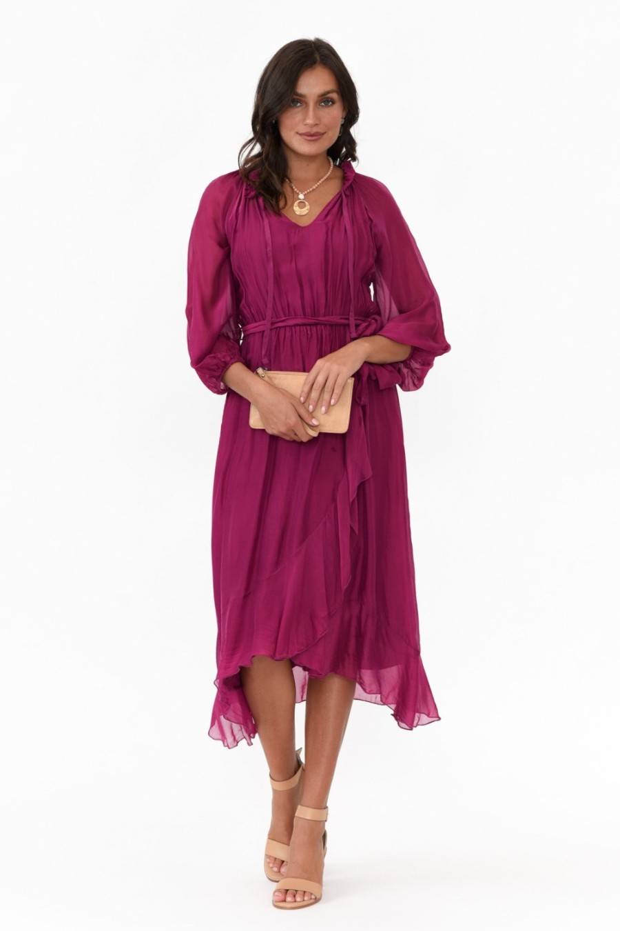 Clothing La Strada Below Knee Dresses | Salzburg Plum Silk Tie Dress