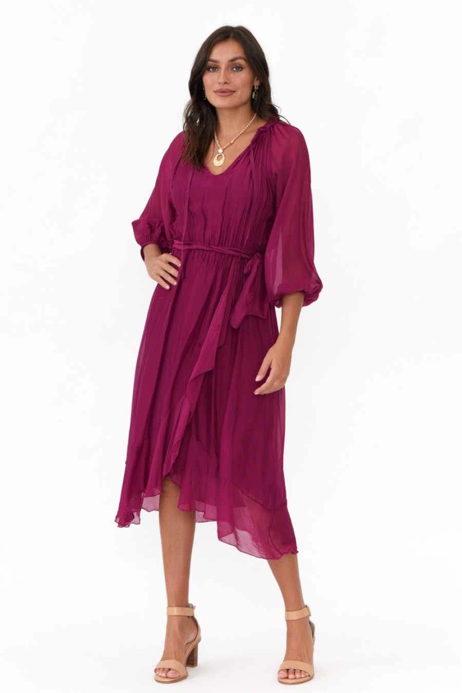 Clothing La Strada Below Knee Dresses | Salzburg Plum Silk Tie Dress