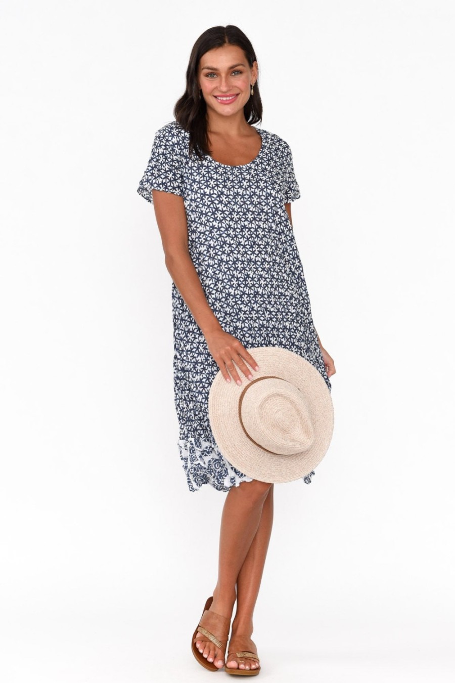 Clothing Namastai Cotton Dresses | Lauren Navy Flower Crinkle Cotton Dress