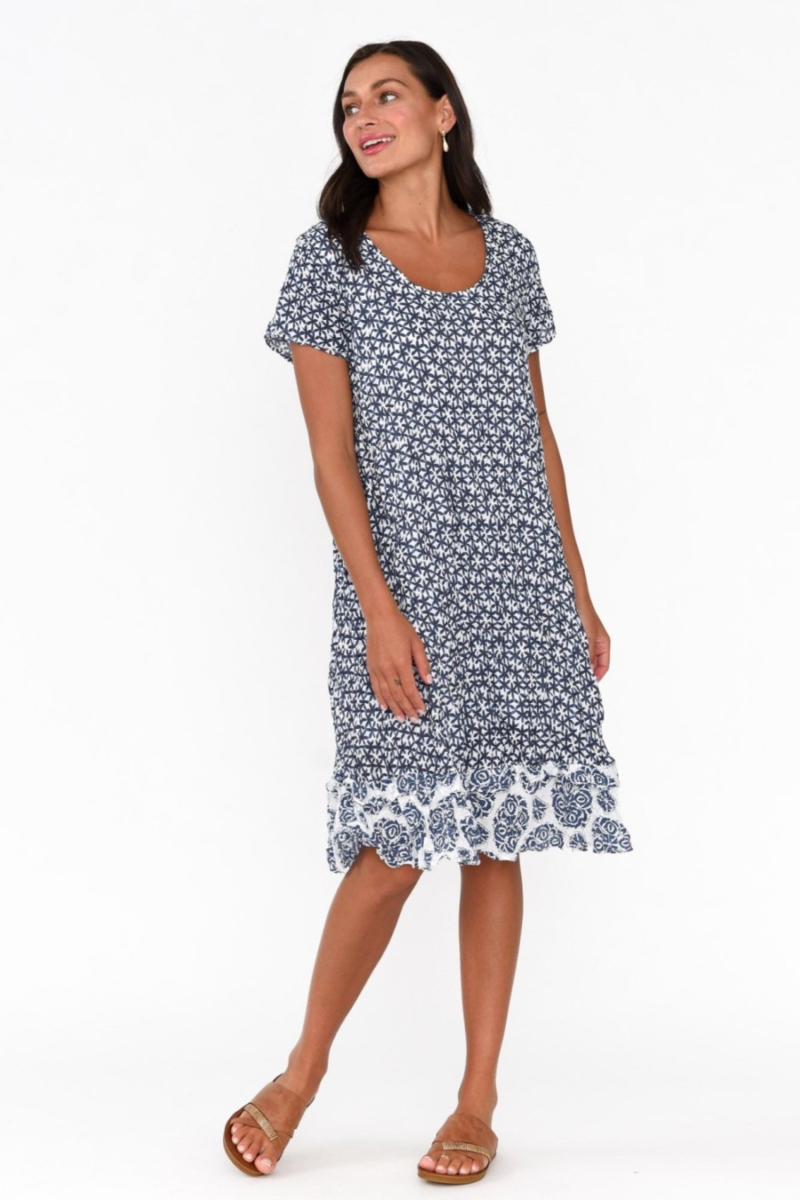 Clothing Namastai Cotton Dresses | Lauren Navy Flower Crinkle Cotton Dress