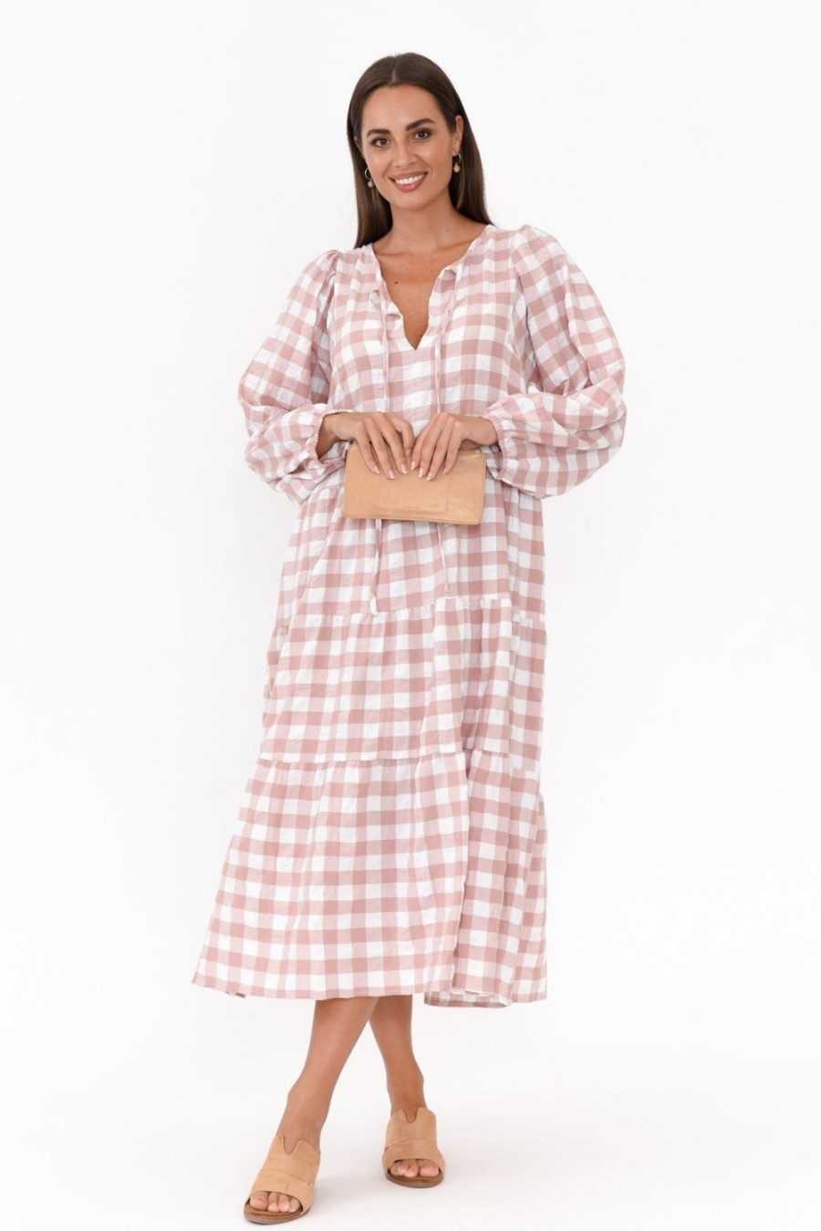 Clothing Cali and Co Cotton Dresses | Emerson Pink Gingham Cotton Tier Dress