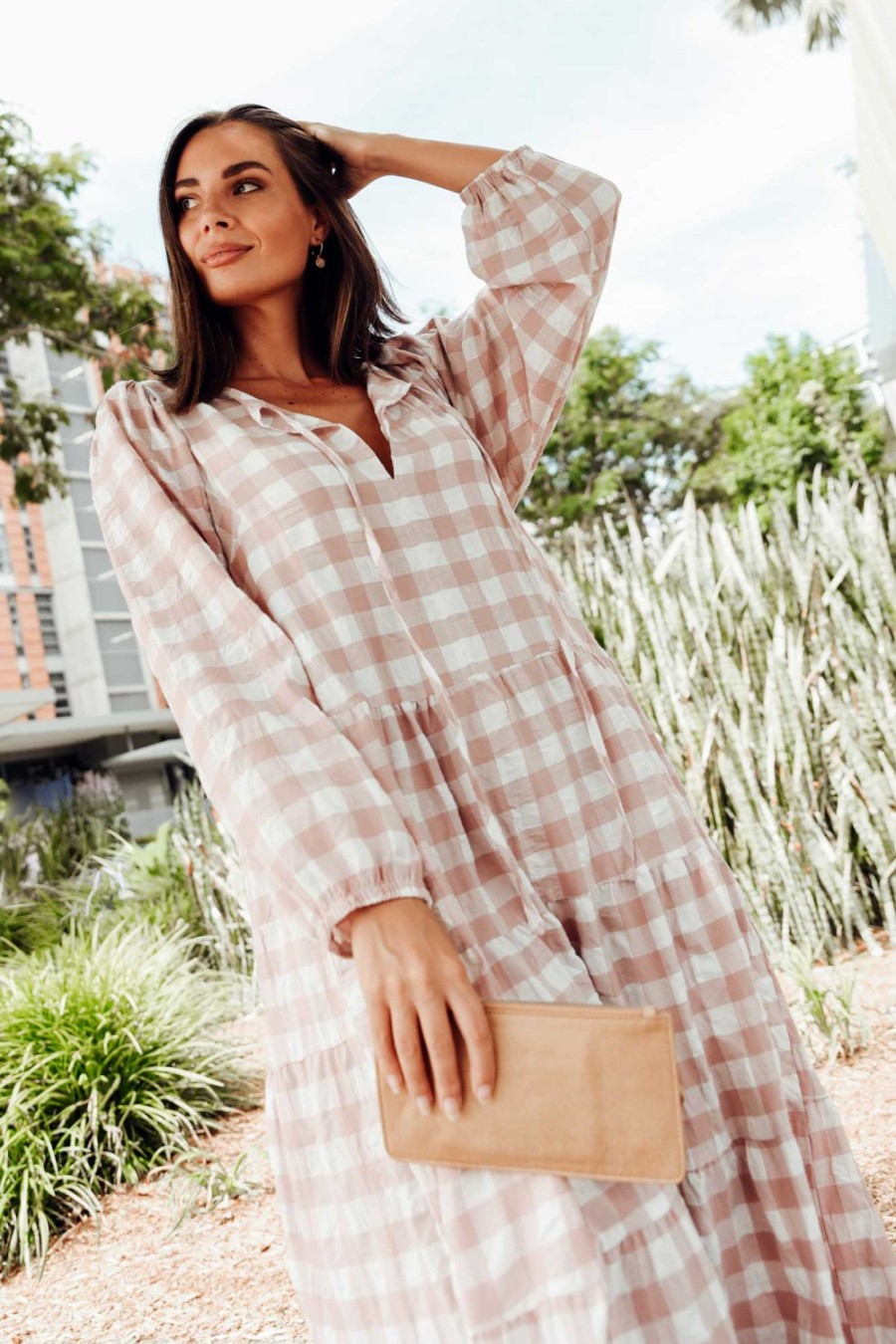 Clothing Cali and Co Cotton Dresses | Emerson Pink Gingham Cotton Tier Dress