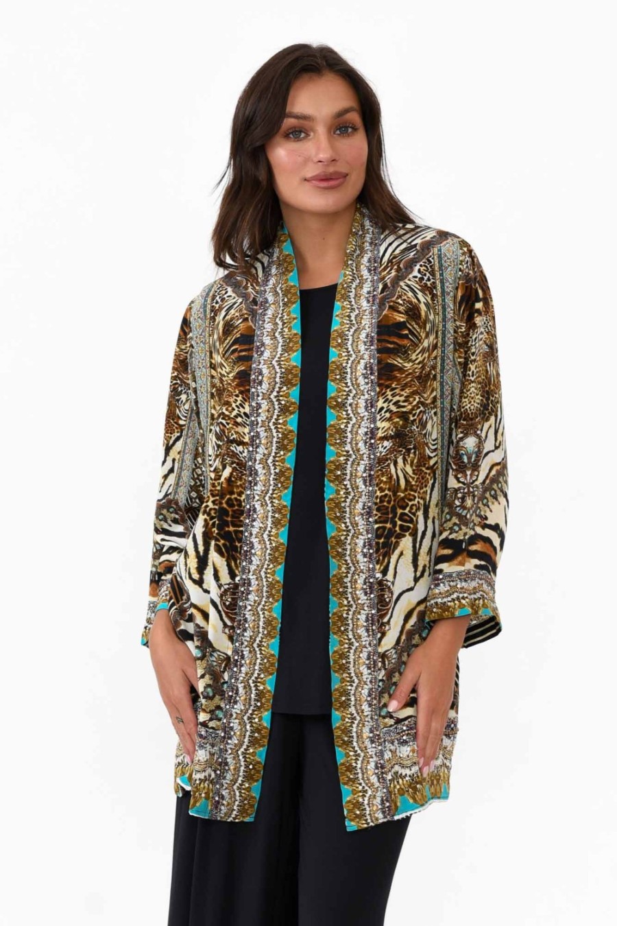 Clothing Fashion Spectrum Jackets | Cheetah Brown Silk Short Kimono