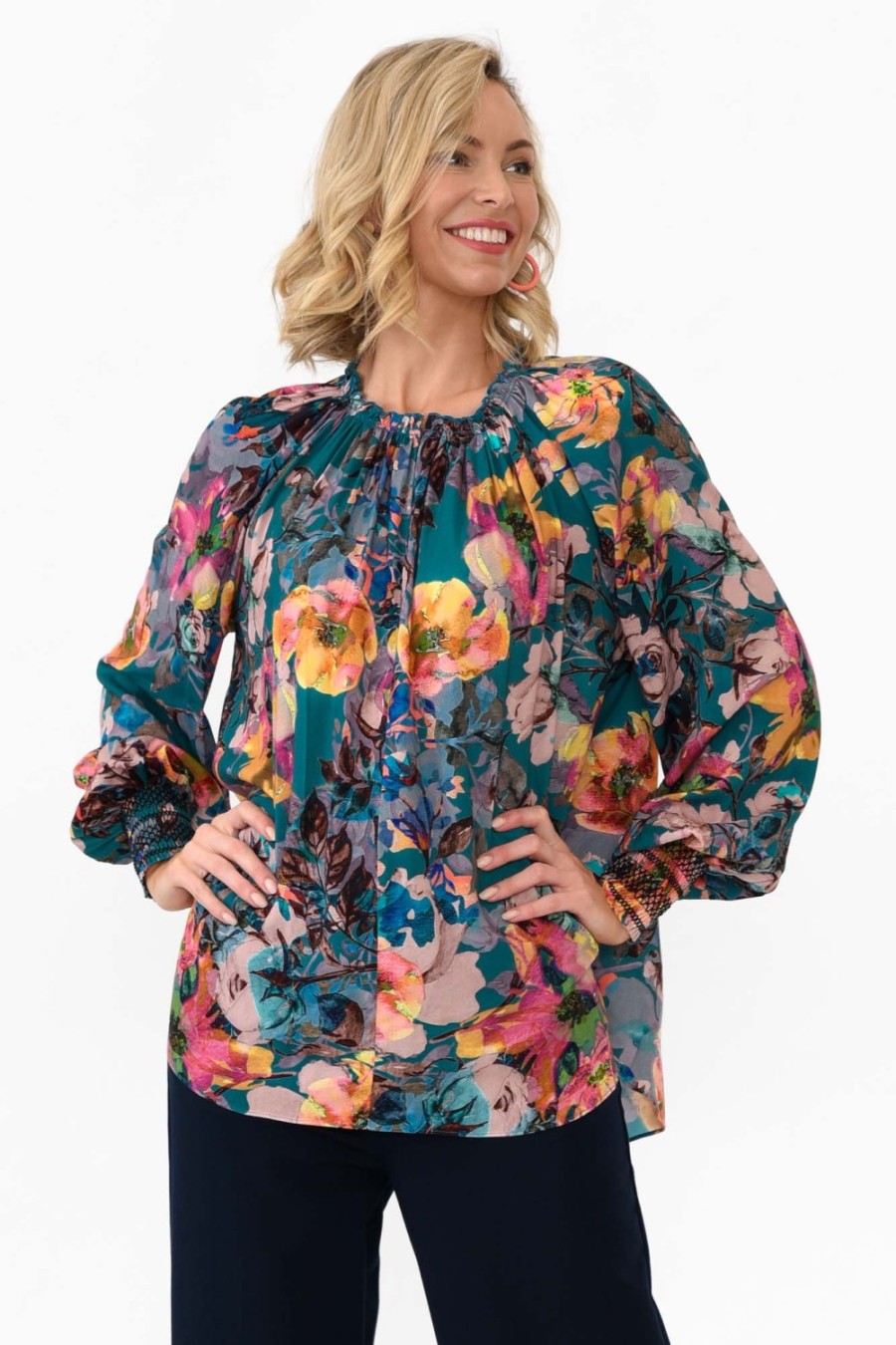 Clothing Fate Becker Sleeved Tops | Pure Shores Teal Floral Sleeved Blouse