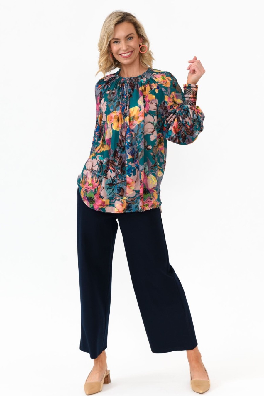 Clothing Fate Becker Sleeved Tops | Pure Shores Teal Floral Sleeved Blouse