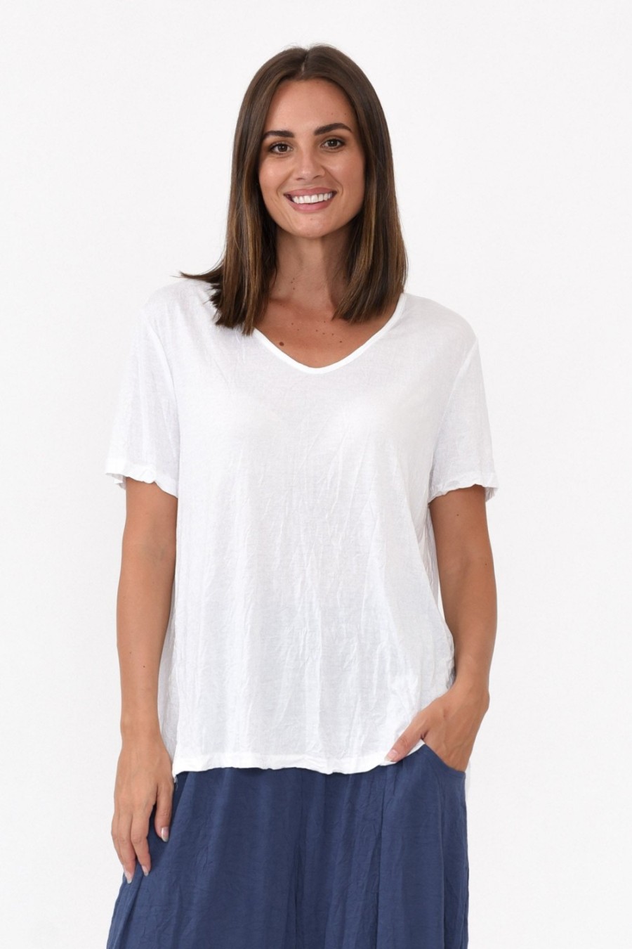 Clothing Cotton Village Cotton Tops | Marley White Crinkle Cotton Short Sleeve Top