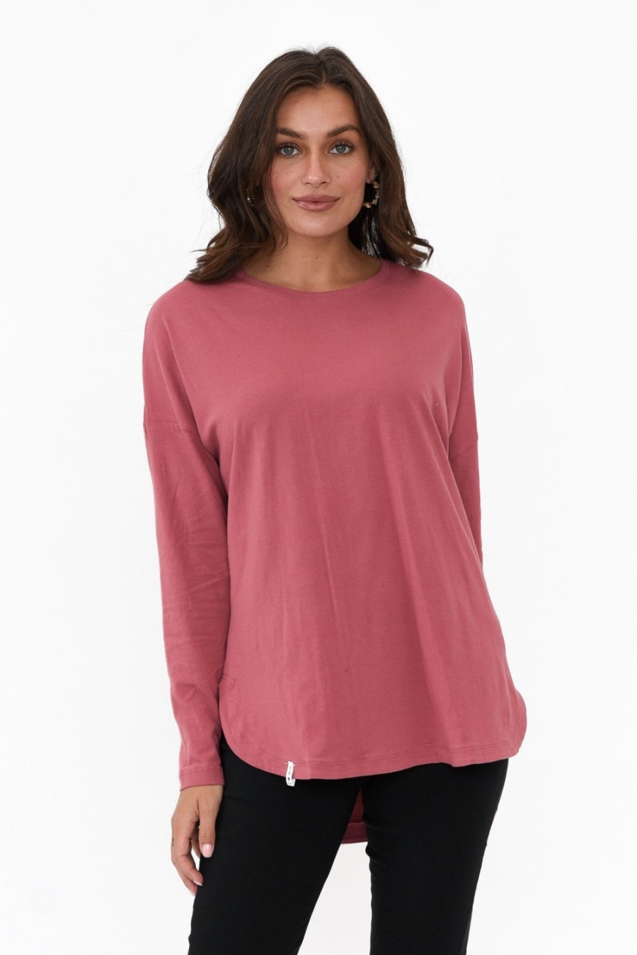 Clothing Elm Cotton Tops | Society Deep Pink Cotton Long Sleeve Tee