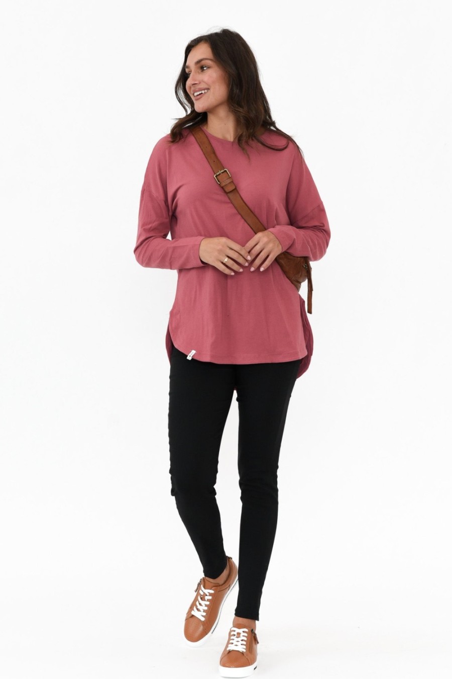 Clothing Elm Cotton Tops | Society Deep Pink Cotton Long Sleeve Tee