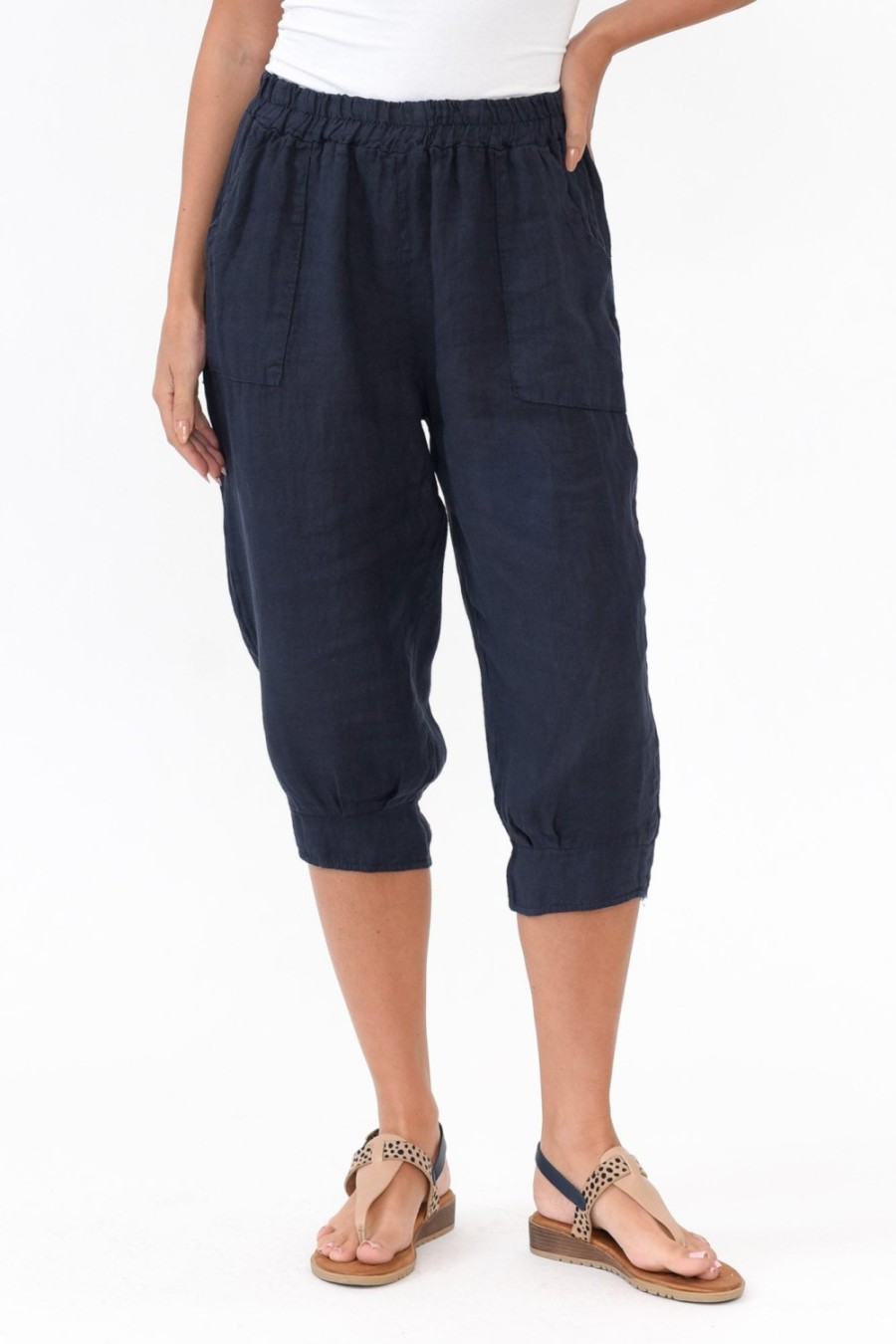 Clothing Donna Donna Pants | Carmichael Navy Linen Capri Pant