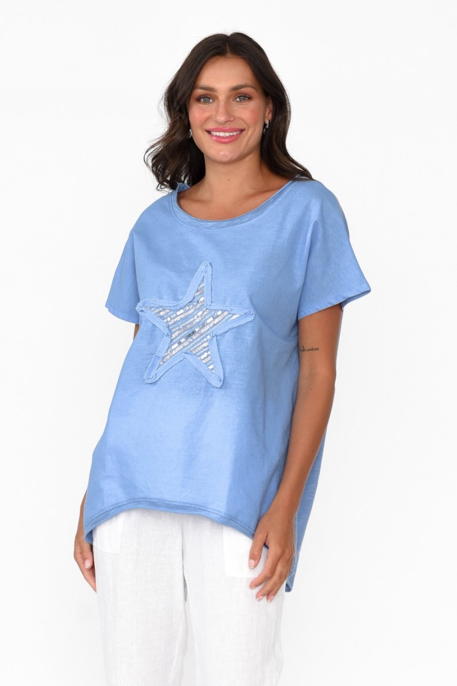 Clothing Cali and Co Linen Tops | Kassidy Blue Star Sequin Tee