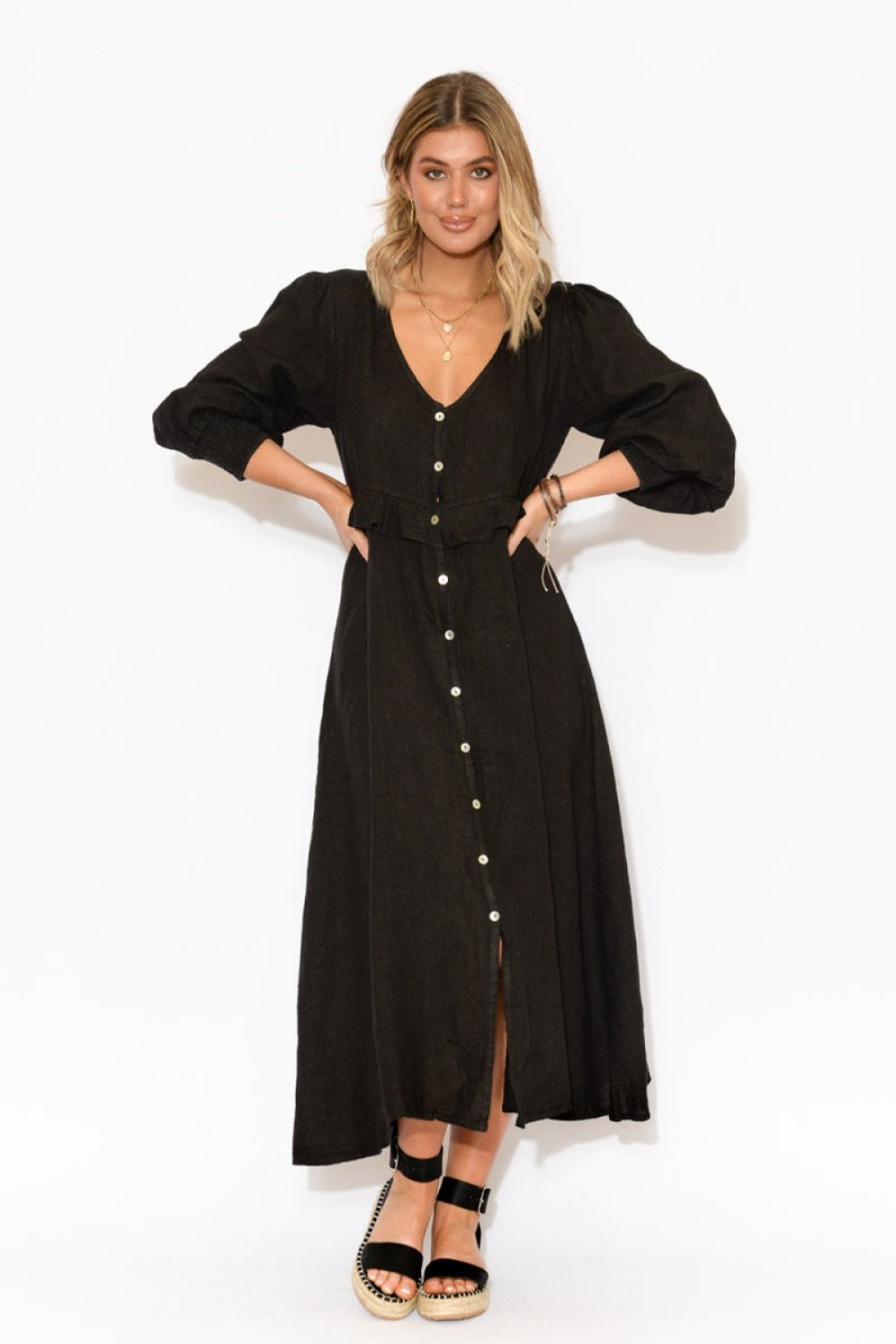 Clothing Puro Lino Linen Dresses | Frankie Black Linen Button Dress