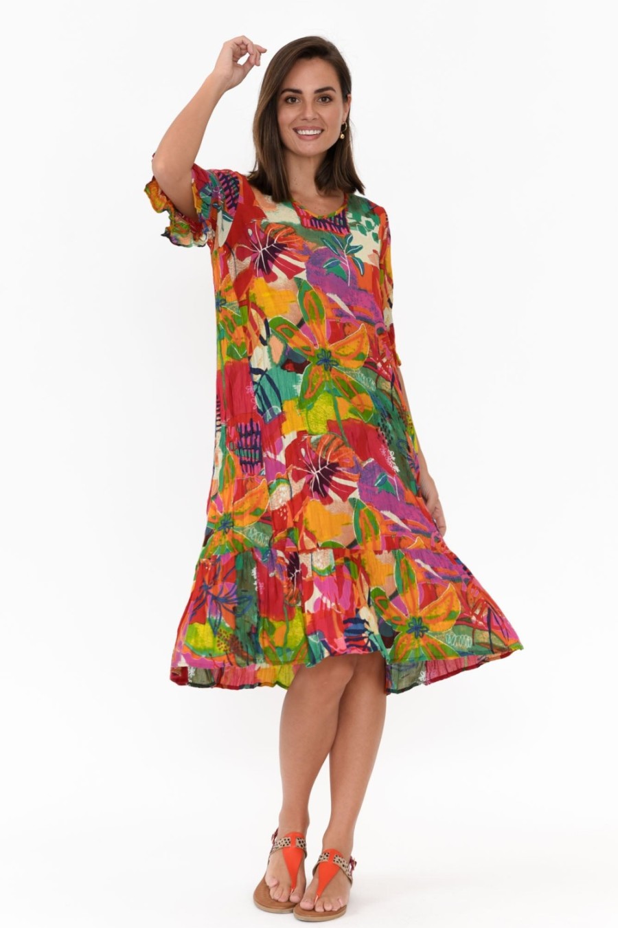 Clothing One Summer Below Knee Dresses | Calla Red Tropical Crinkle Dress