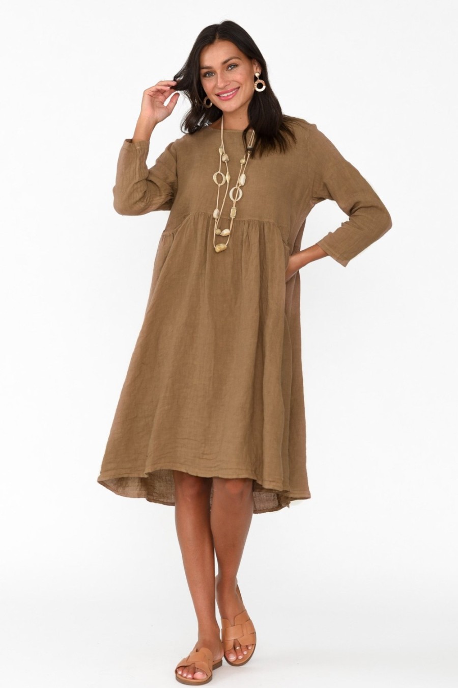 Clothing Talia Benson Linen Dresses | Maybelle Mocha Linen Pocket Dress