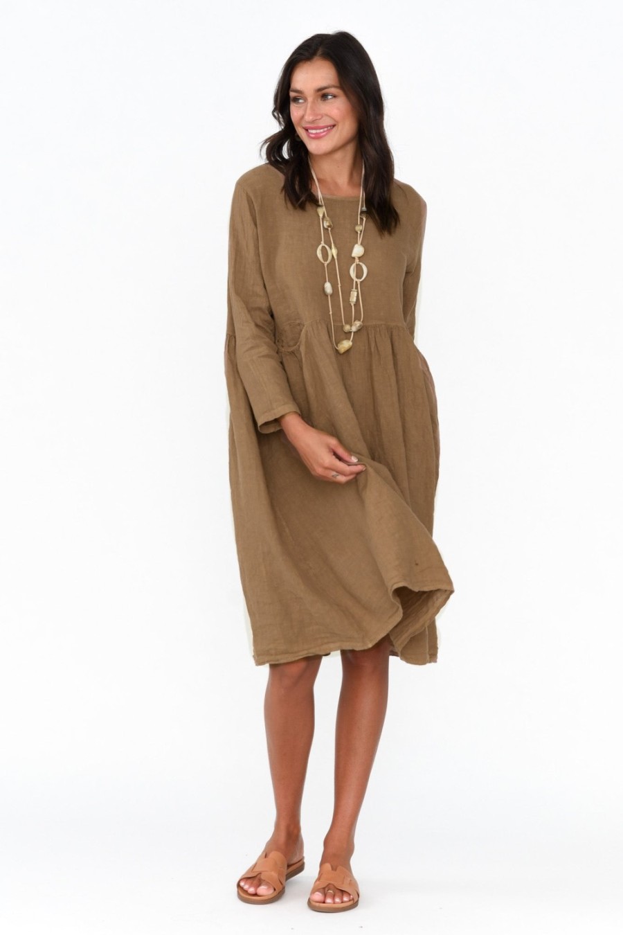 Clothing Talia Benson Linen Dresses | Maybelle Mocha Linen Pocket Dress