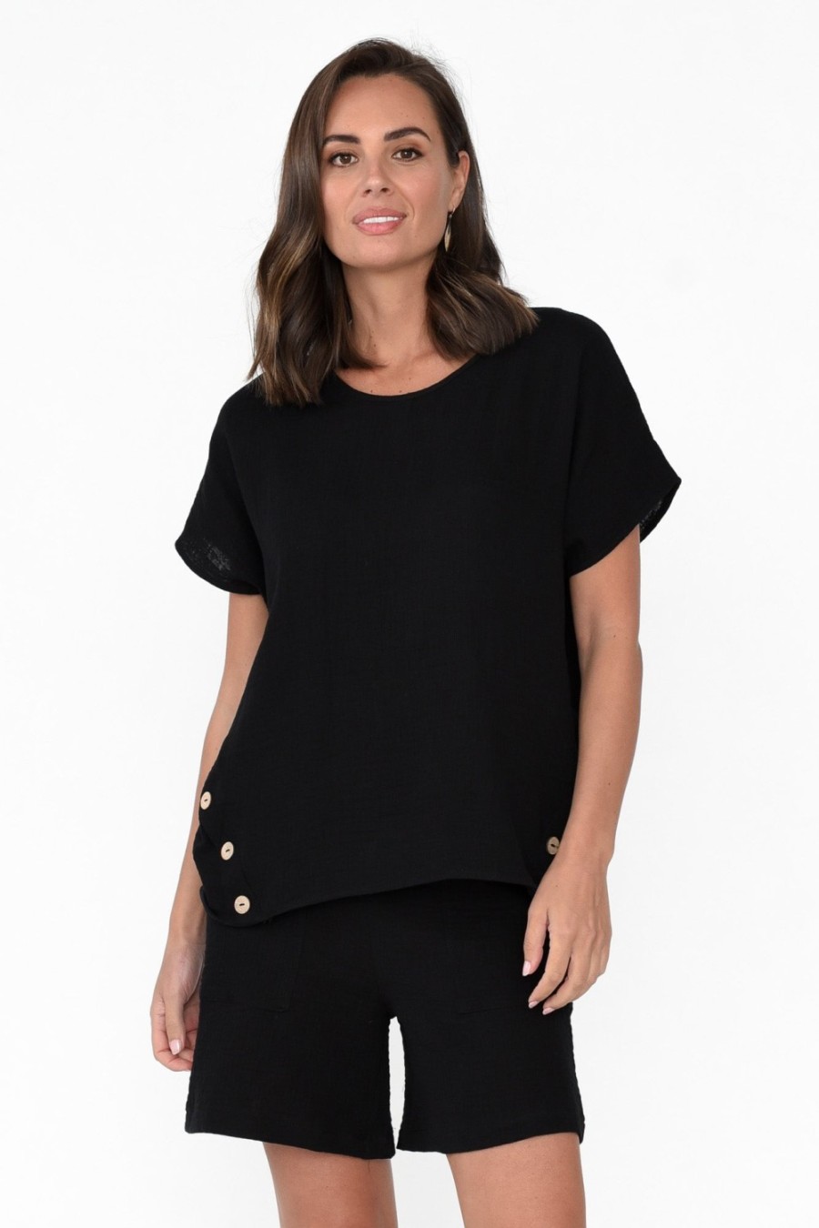 Clothing Threadz Cotton Tops | Byron Black Cotton Button Top