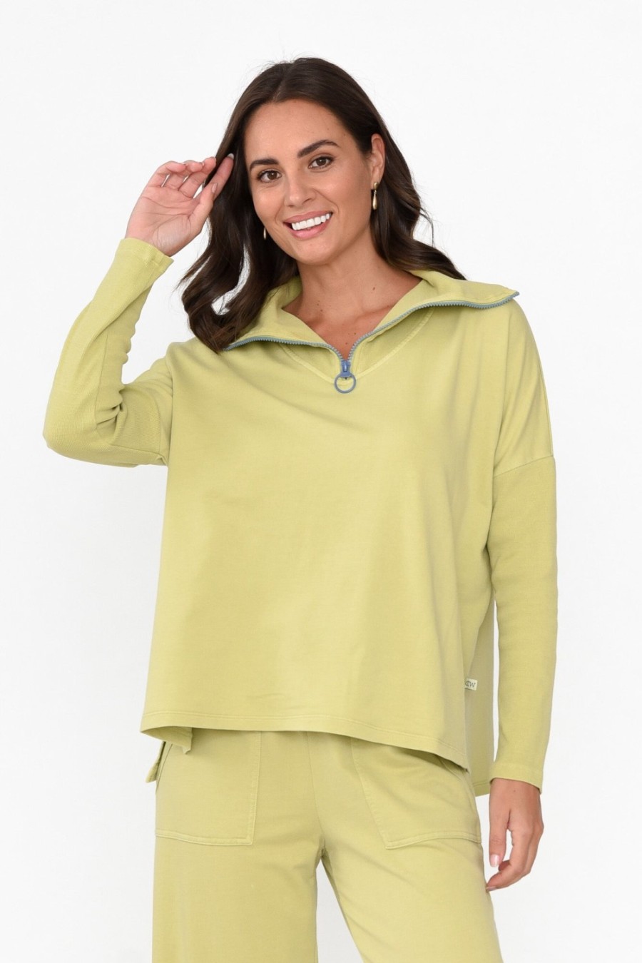 Clothing One Ten Willow Cotton Tops | Malak Green Half Zip Jumper