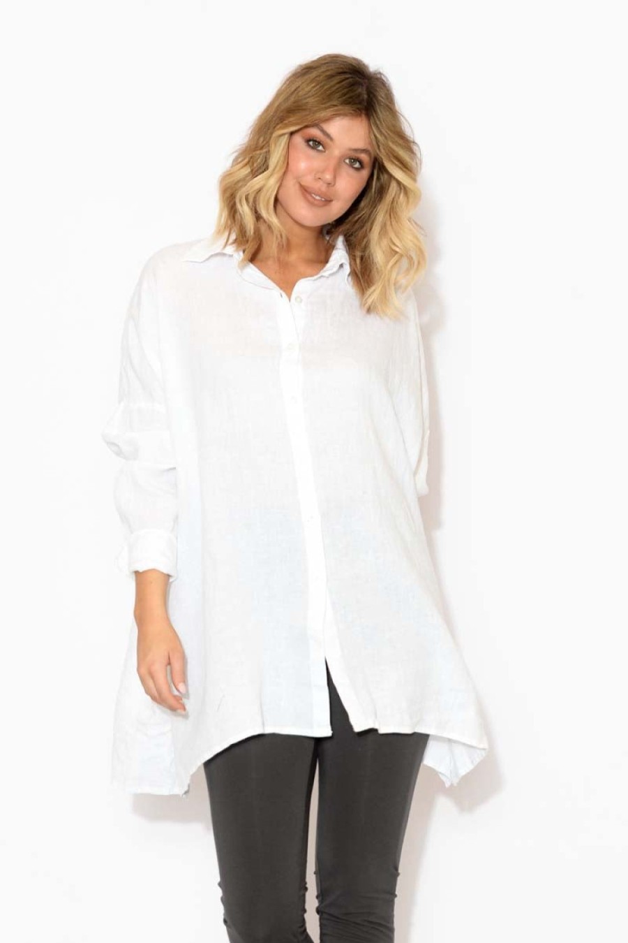 Clothing Montaigne Linen Tops | Desi Oversized White Linen Shirt