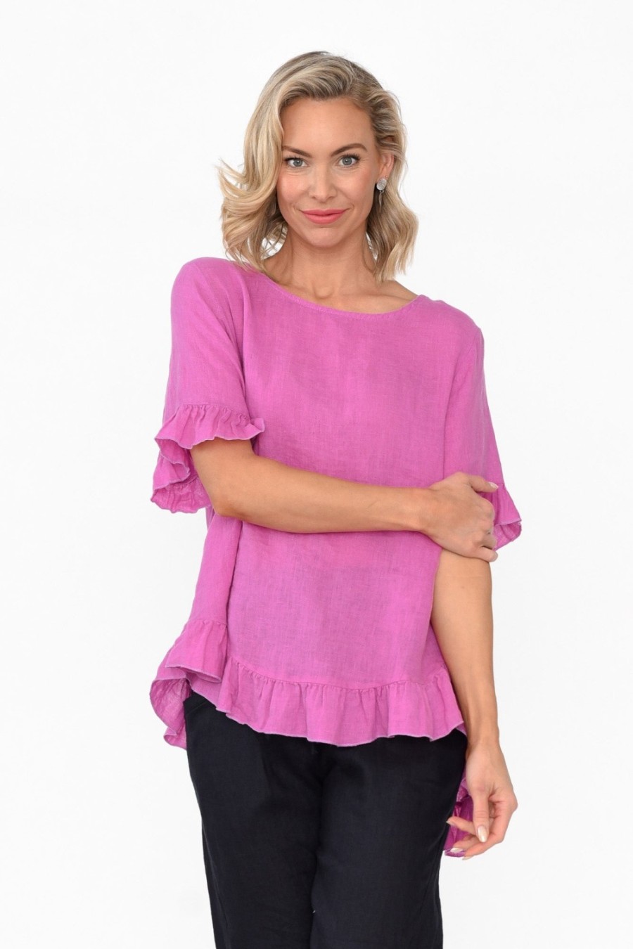 Clothing Cali and Co Sleeved Tops | Genevieve Pink Linen Frill Top