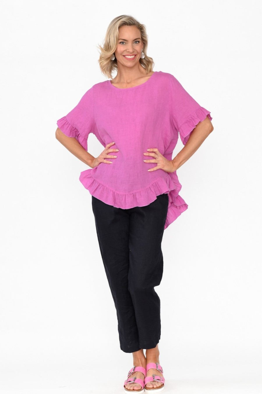 Clothing Cali and Co Sleeved Tops | Genevieve Pink Linen Frill Top