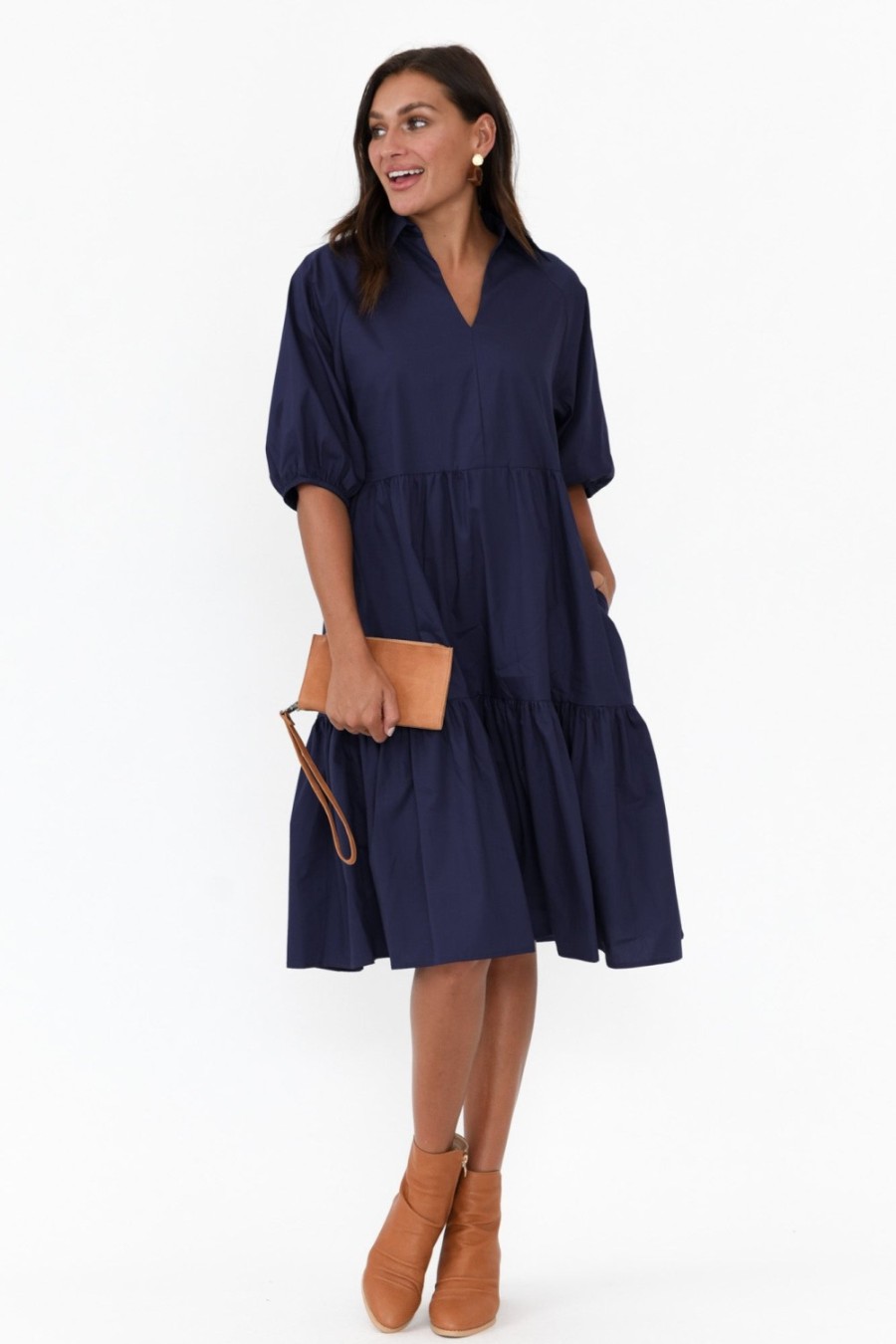 Clothing Worthier Cotton Dresses | Cecelia Navy Cotton Poplin Tiered Dress